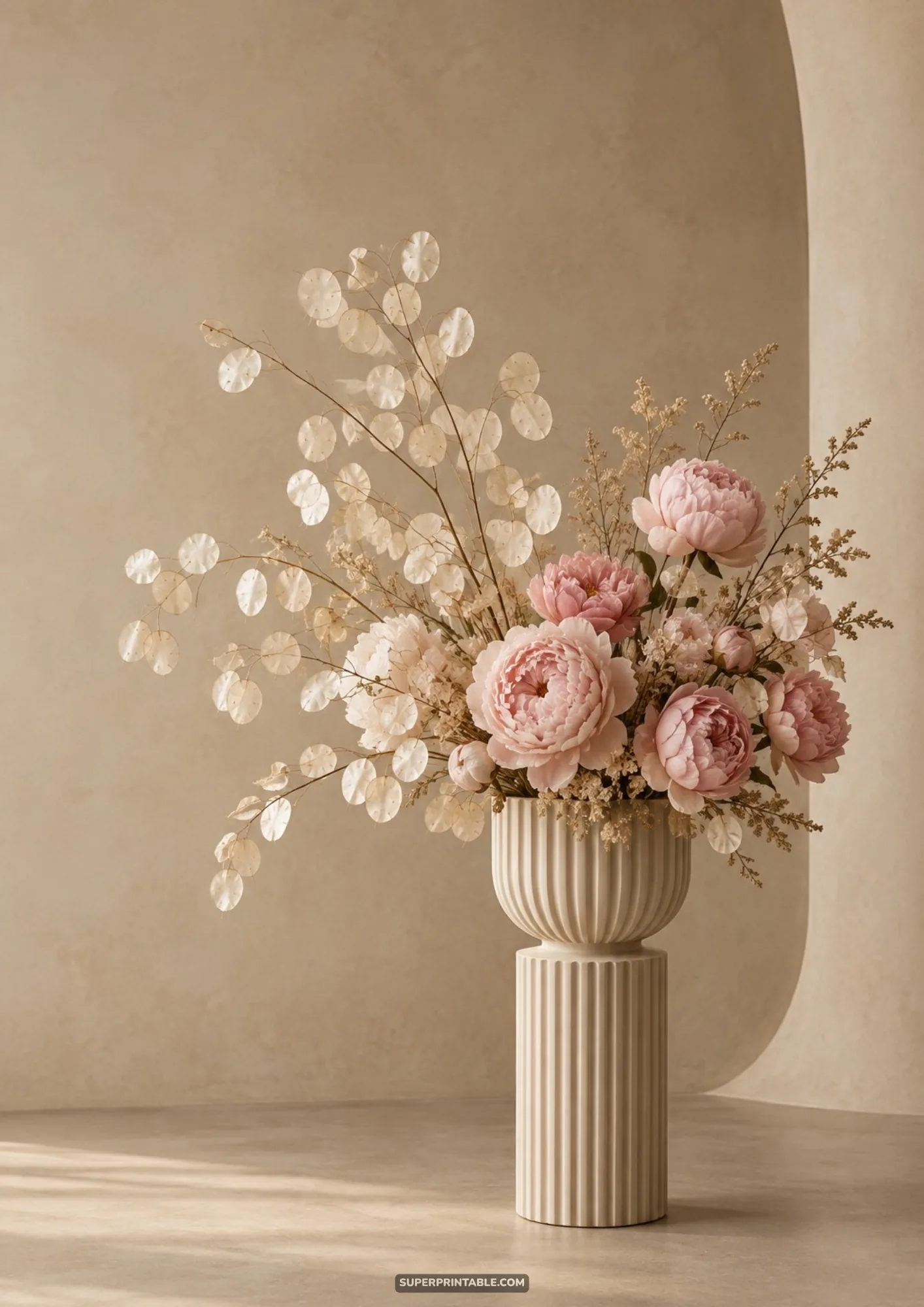 Fluted beige ceramic urn with blush peonies and translucent lunaria seedpods against a modern wall