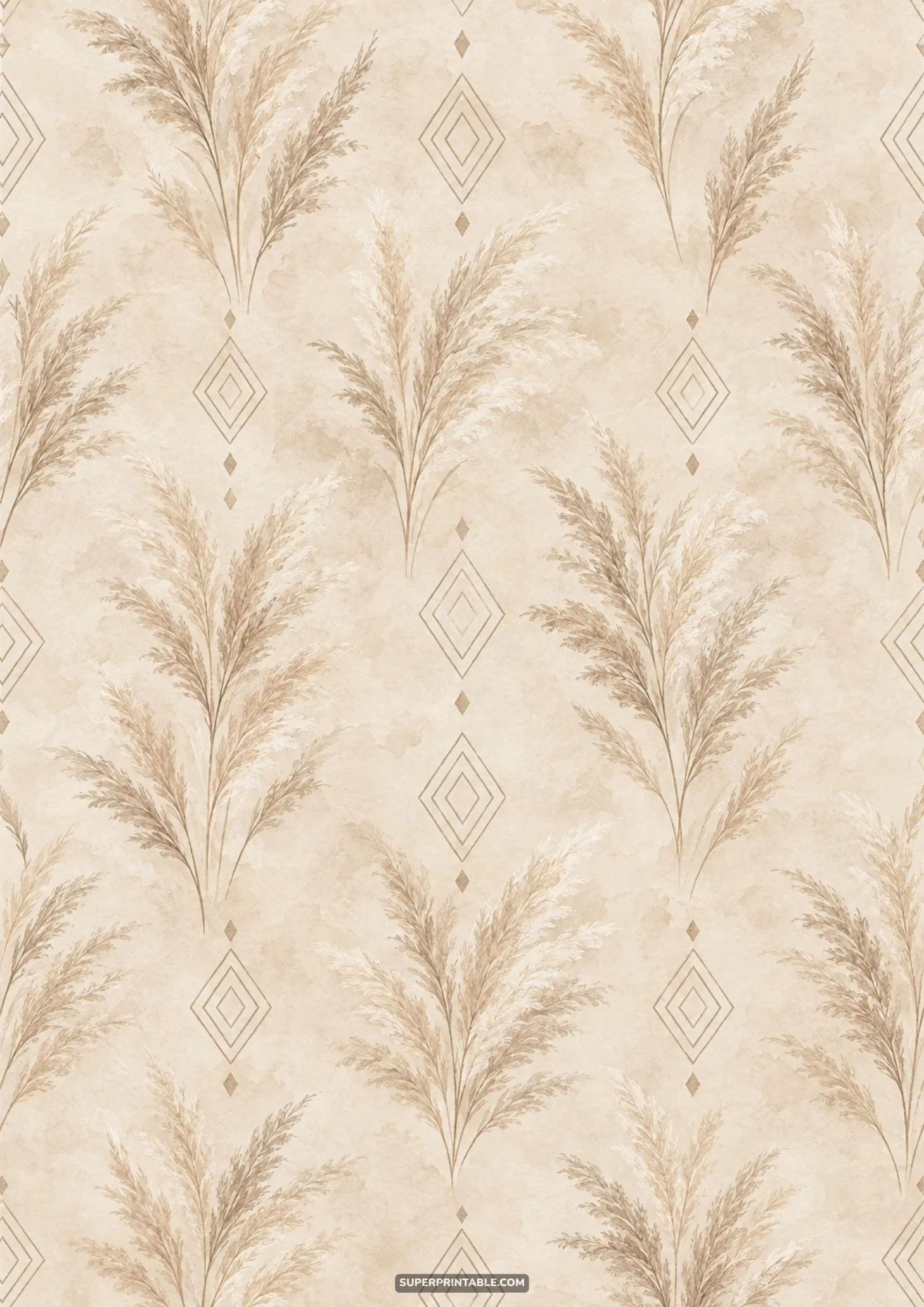 Subtle repeating wallpaper pattern featuring pampas grass stems and minimal geometric diamond outlines.