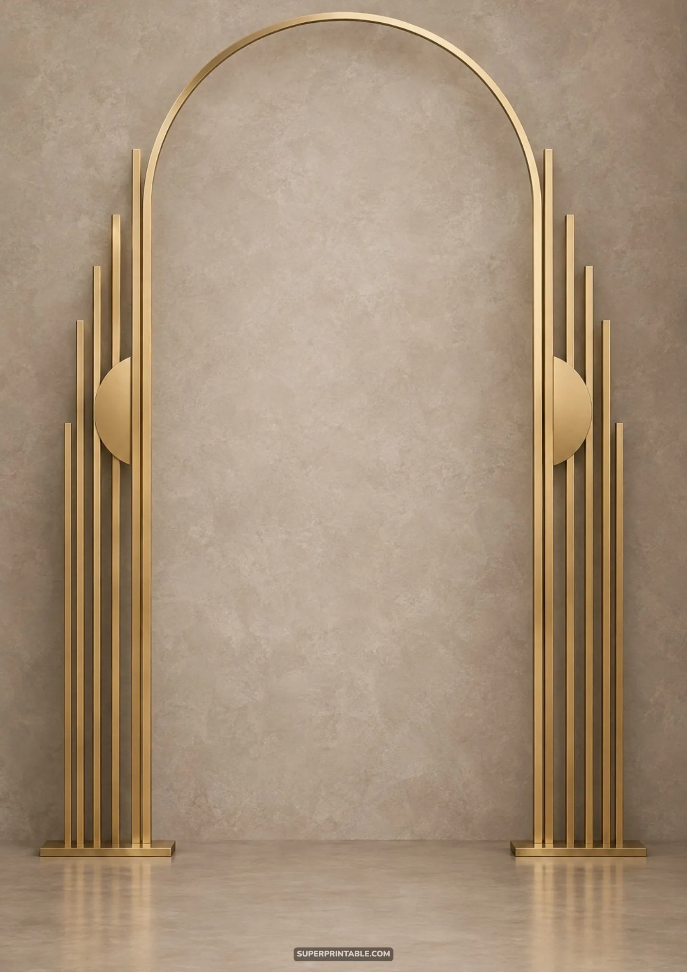 Slender art deco brass arch with stepped fluted side bars against warm plaster walls