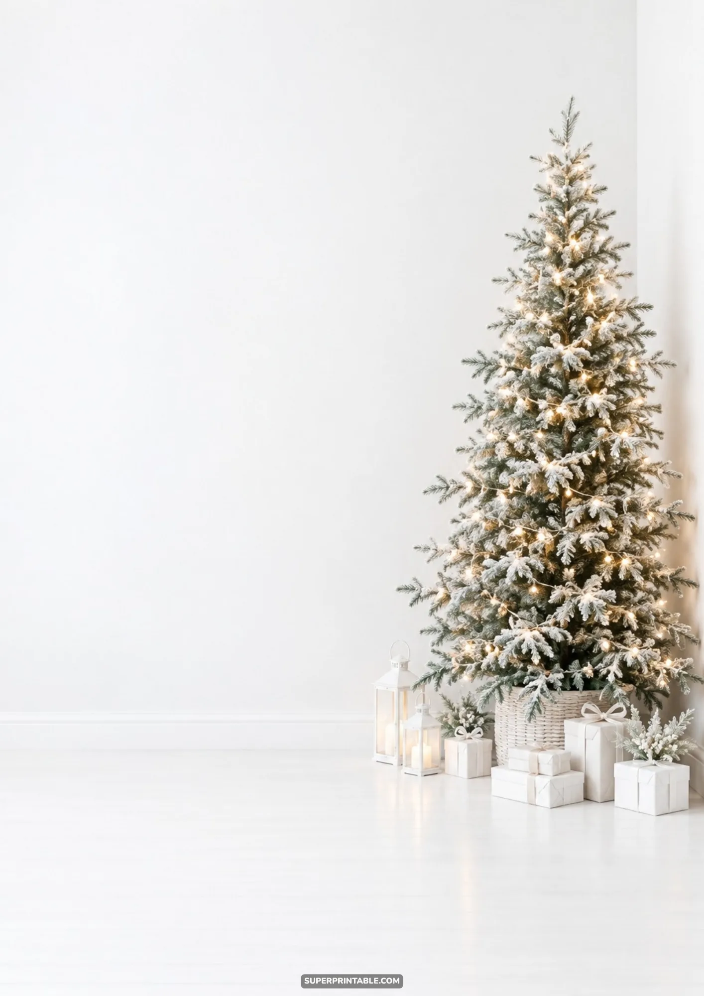 Minimalist white room with flocked lighted Christmas tree and wrapped gifts