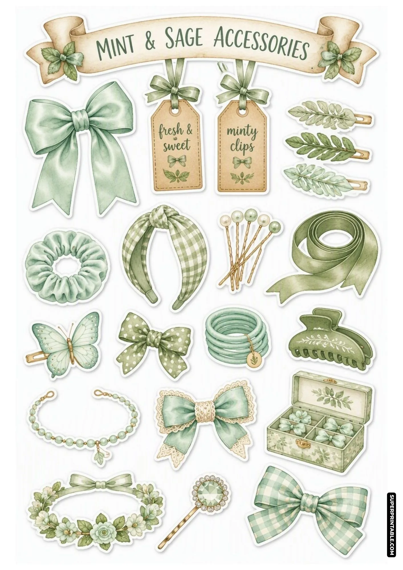 Sage green hair accessory stickers including leaf clips, mint hair bows, and pearl bobby pins.
