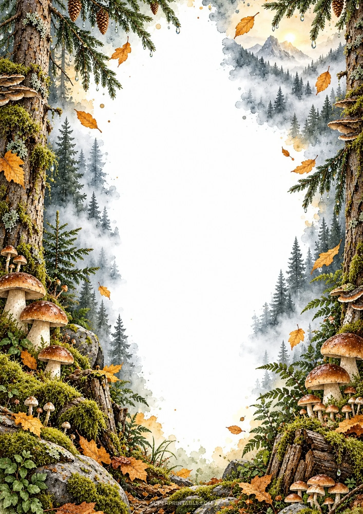 Scenic mountain landscape frame with misty evergreen pines, autumn bolete mushrooms, and moss.