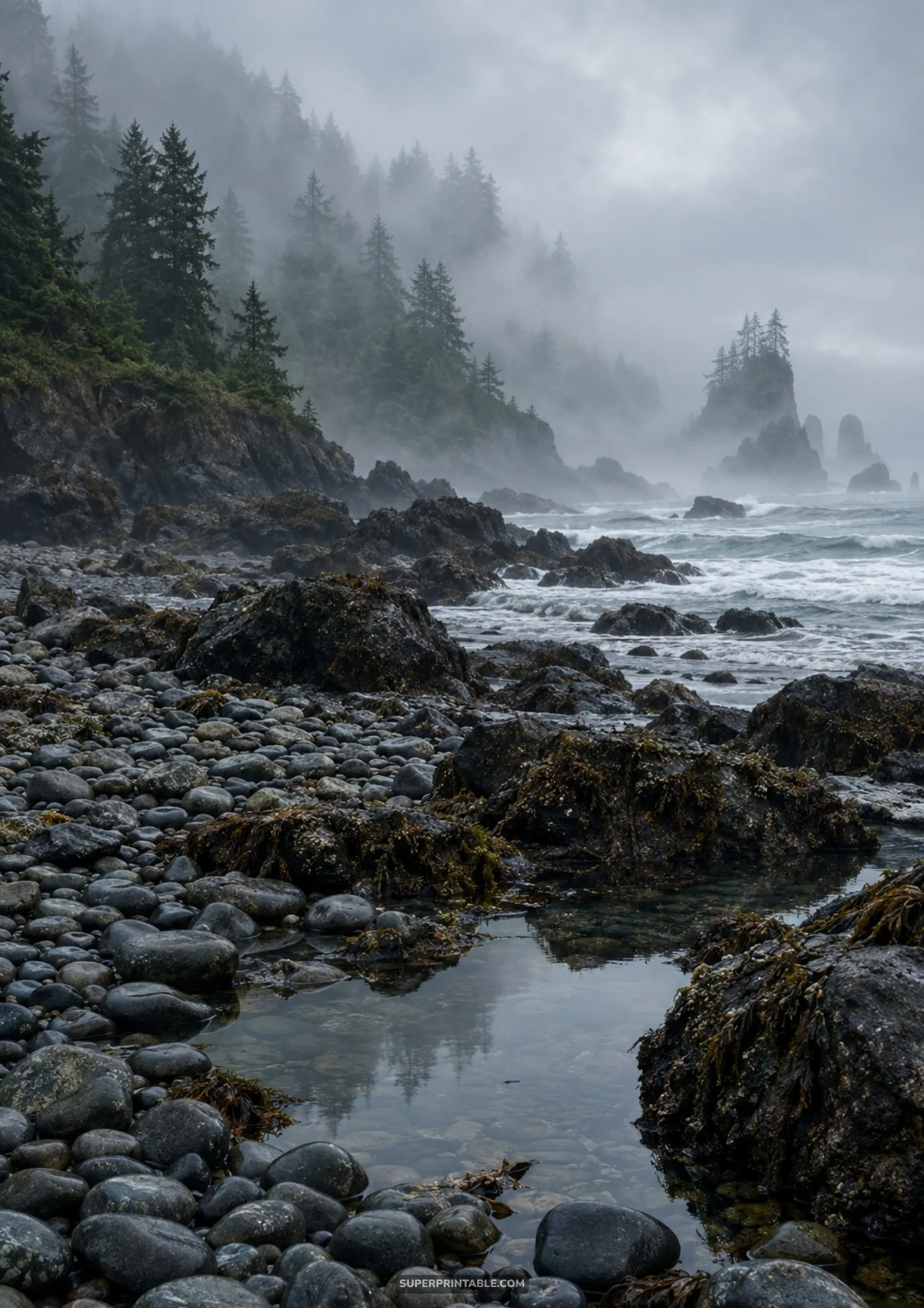 Moody misty coastal shoreline with dark wet pebbles, rocky tide pools, and foggy pine trees