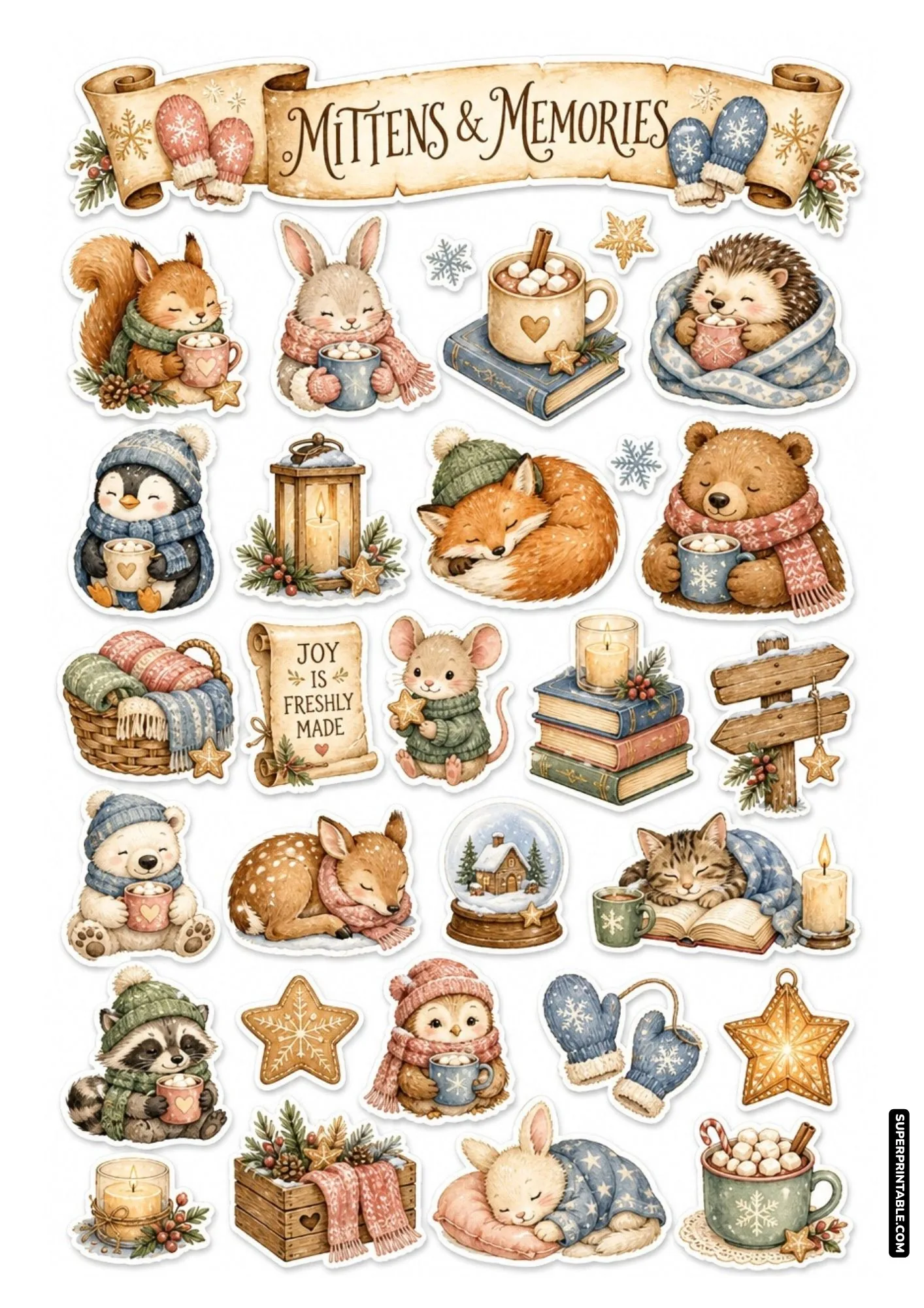 Mittens and memories winter sticker sheet with woodland animals and steaming cocoa cups.