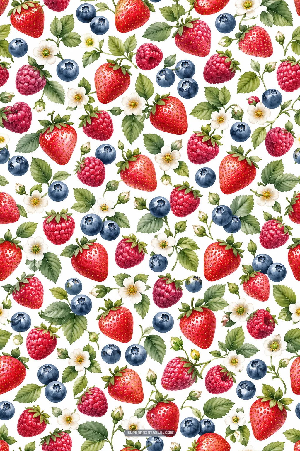 Mixed berry garden digital papers showing a lush botanical repeat of fresh strawberries, raspberries, and blueberries.