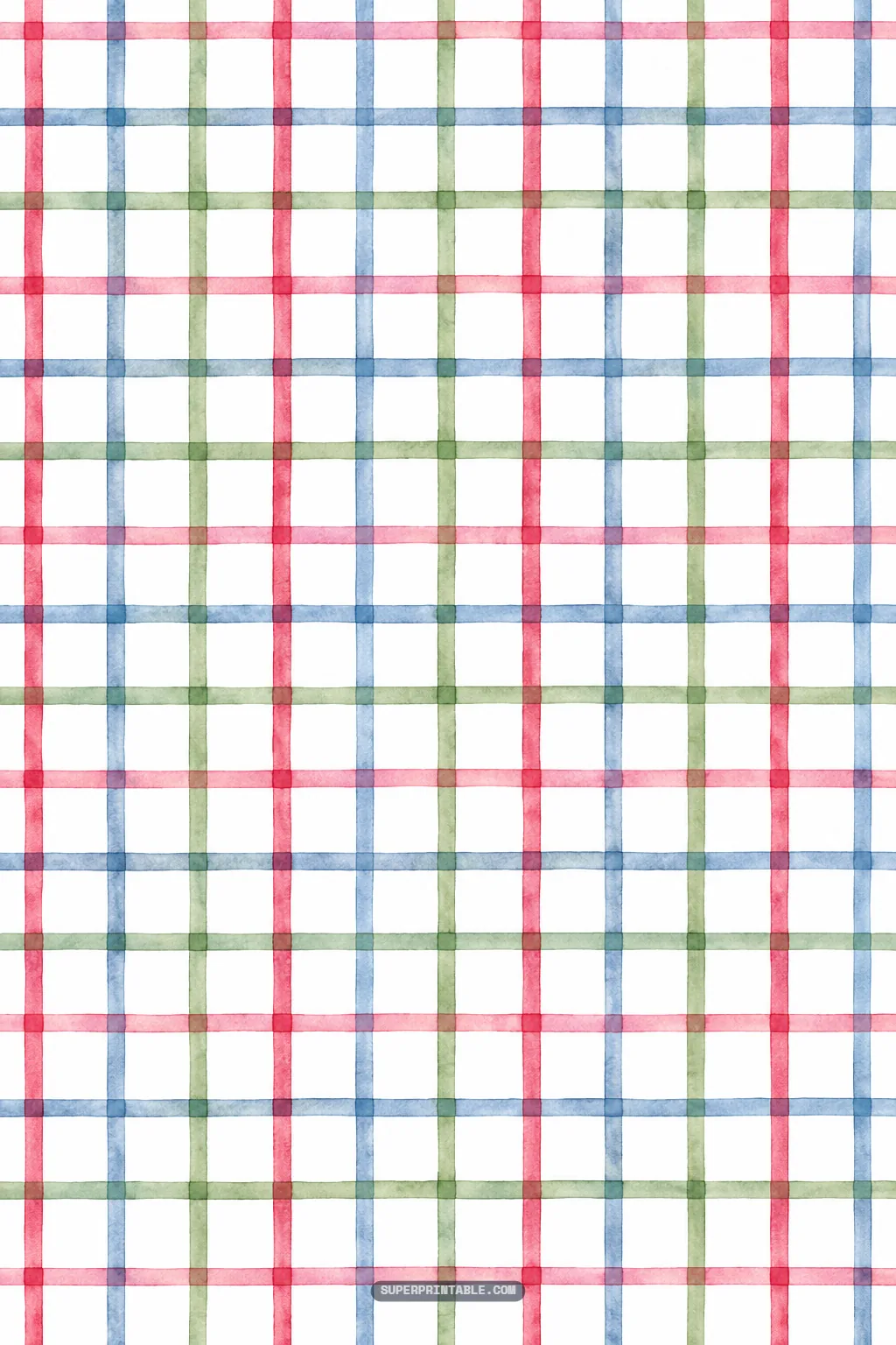 Open windowpane watercolor grid in berry red, pastel pink, denim blue, and garden sage green on white.