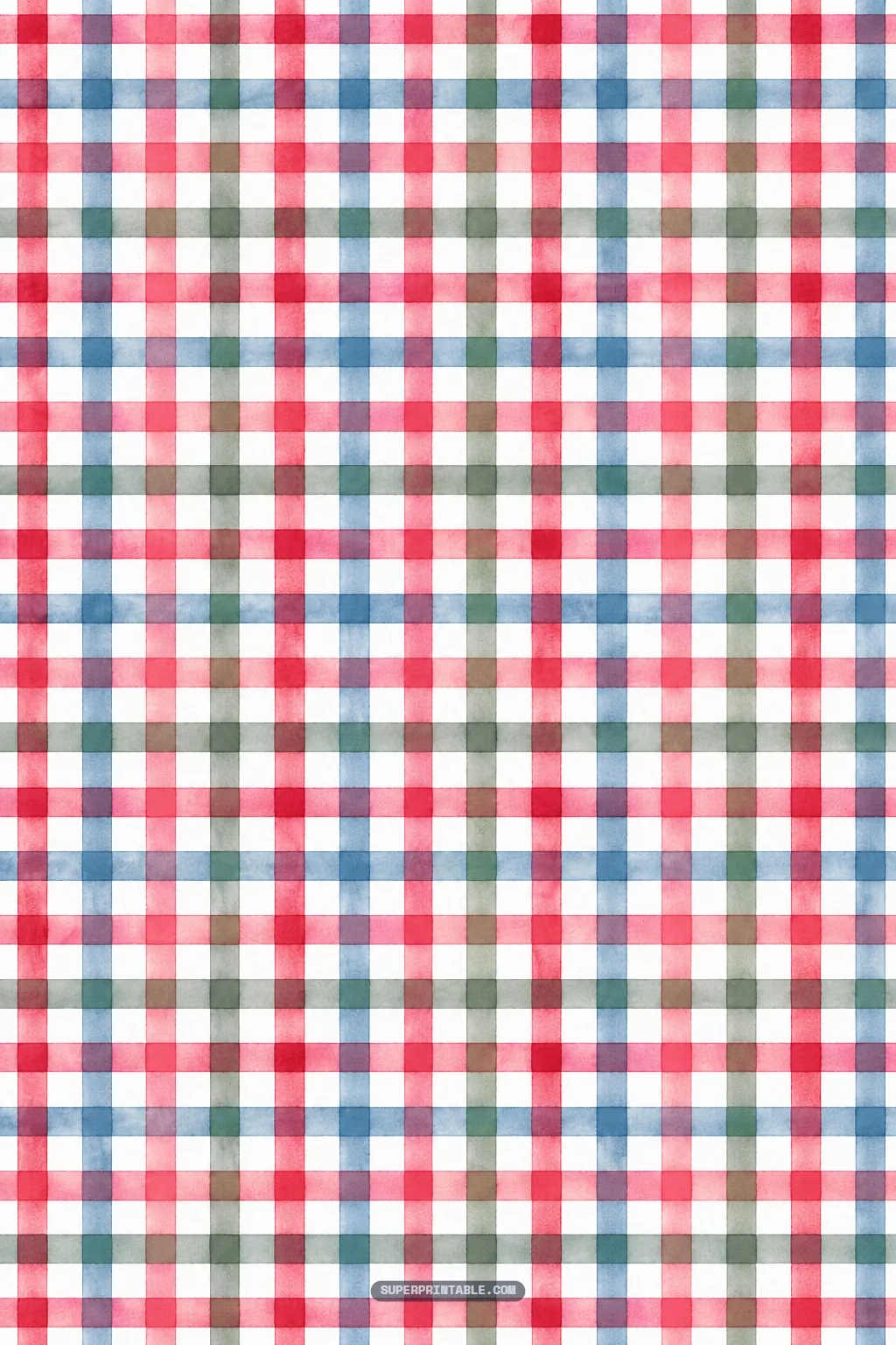Classic watercolor gingham tartan check in translucent red, pink, slate blue, and leaf green bands.