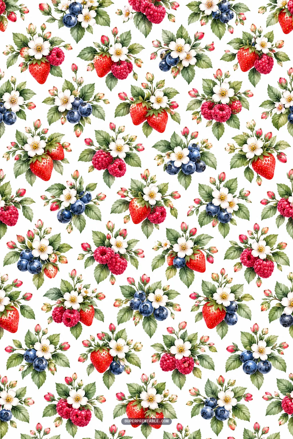 Neat repeating bouquets of ripe strawberries, blueberries, raspberries, and white garden blossoms.