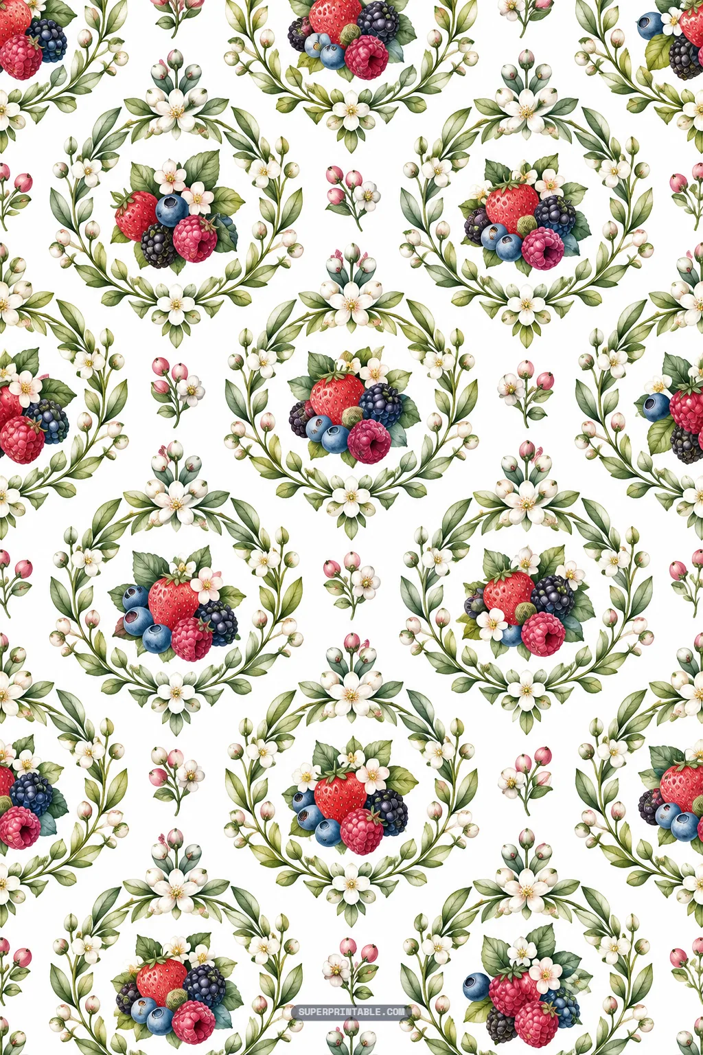 Mixed berry garden digital papers featuring delicate leafy botanical wreaths framing fresh orchard berries.