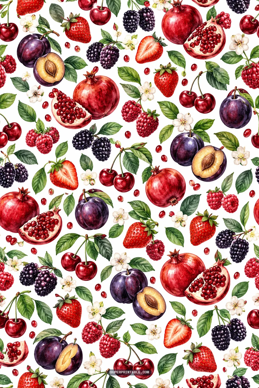 Lush orchard harvest pattern with sliced pomegranates, ripe purple plums, cherries, and berries