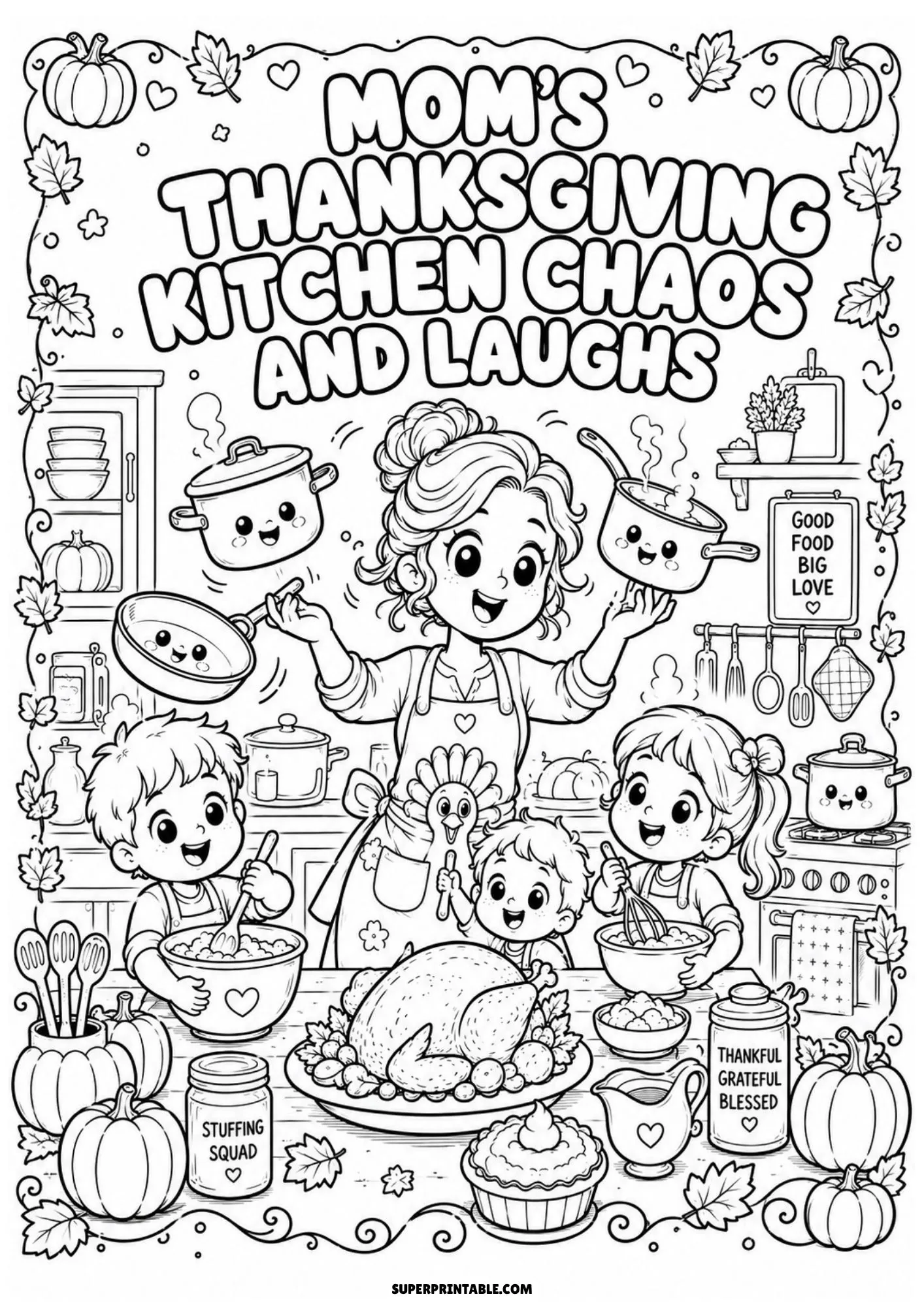 Line art of a mother cooking Thanksgiving dinner surrounded by happy helper children.