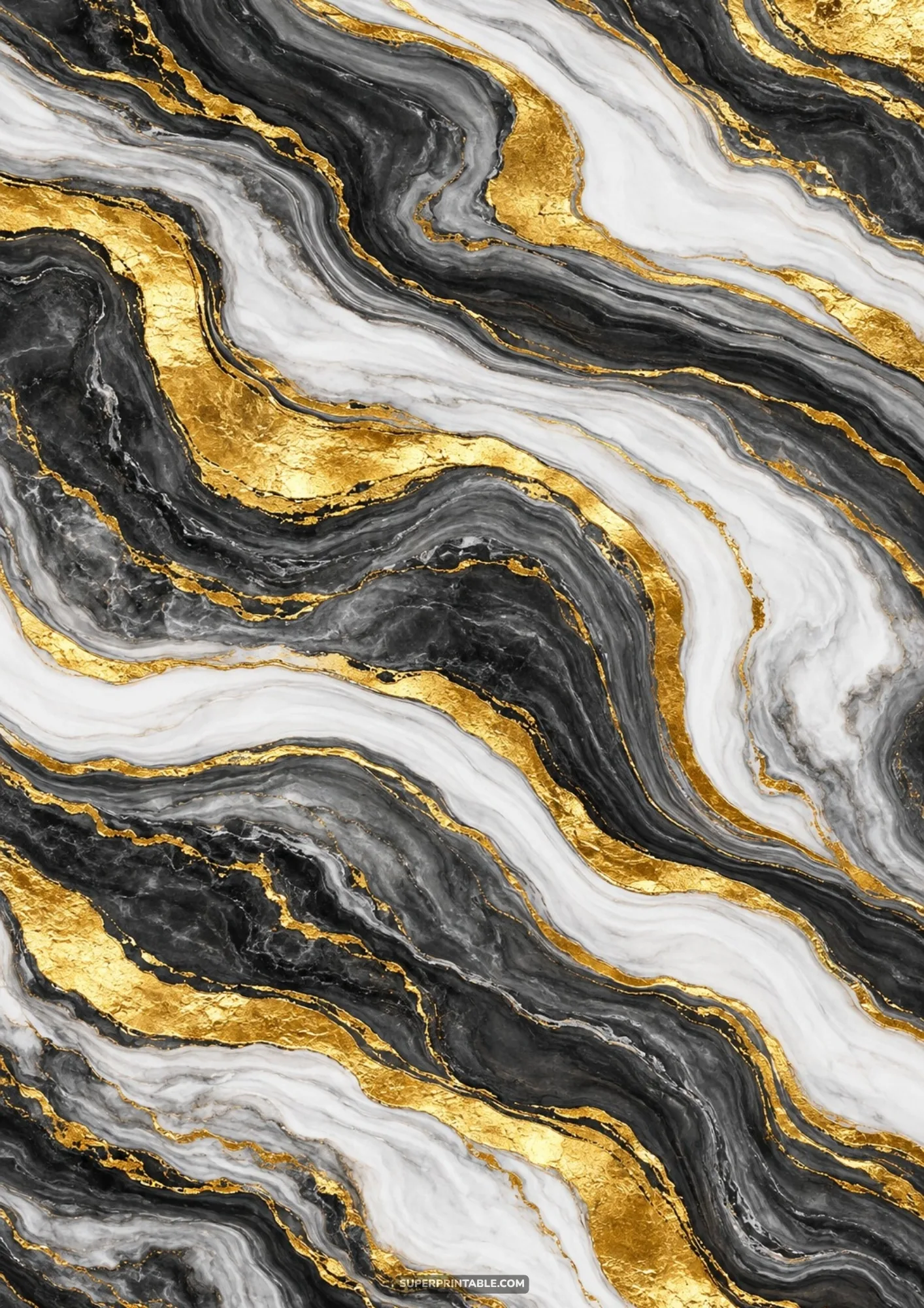 Dramatic black and white marbled stone surface split by rich flowing seams of molten gold leaf