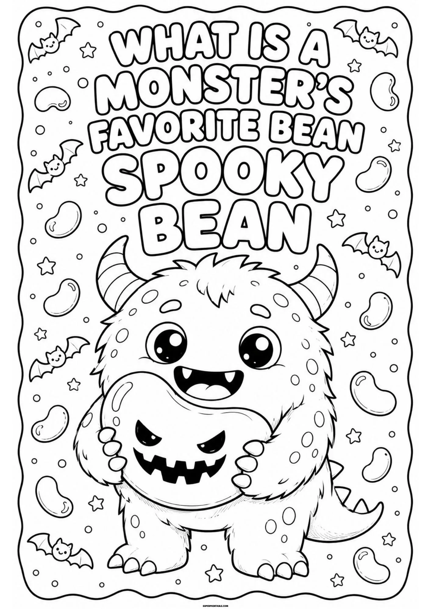 Fluffy horned monster holding a jack-o-lantern shaped jelly bean.