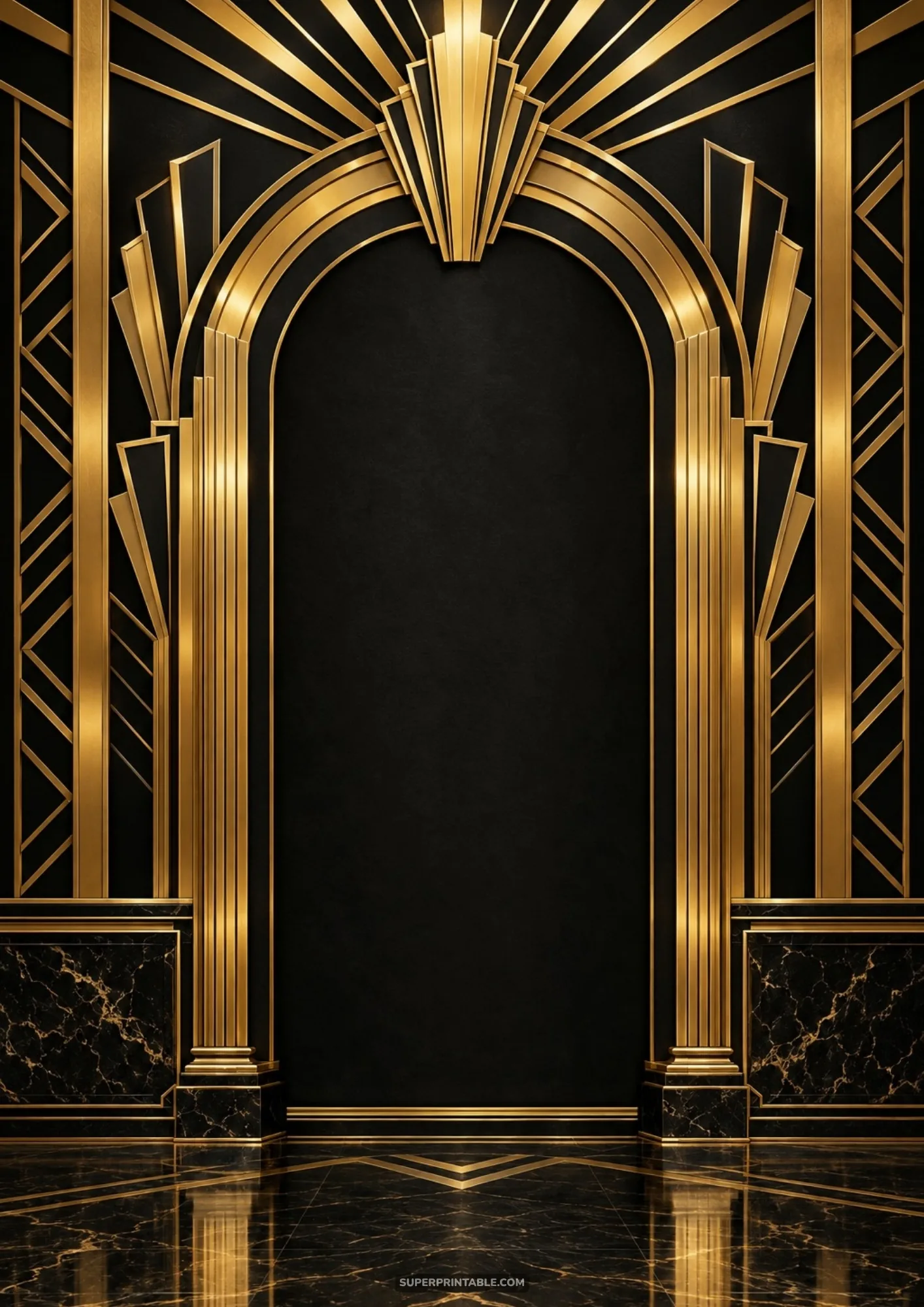 Grand golden gateway with fluted pillars and sunburst arch framing a sleek black wall niche