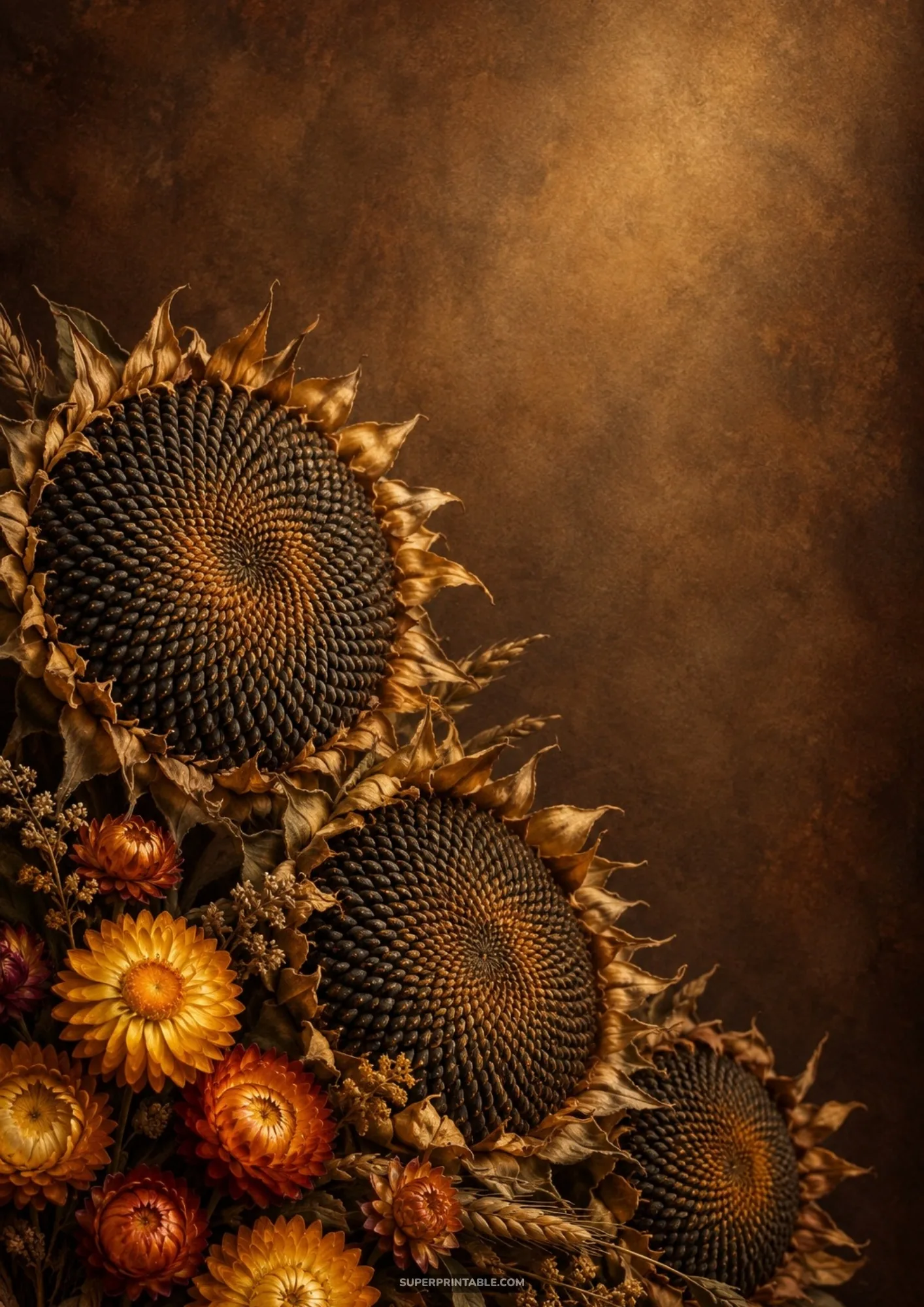 Dramatic studio still life of dried sunflower seed heads and rich autumn blooms against a dark textured brown wall