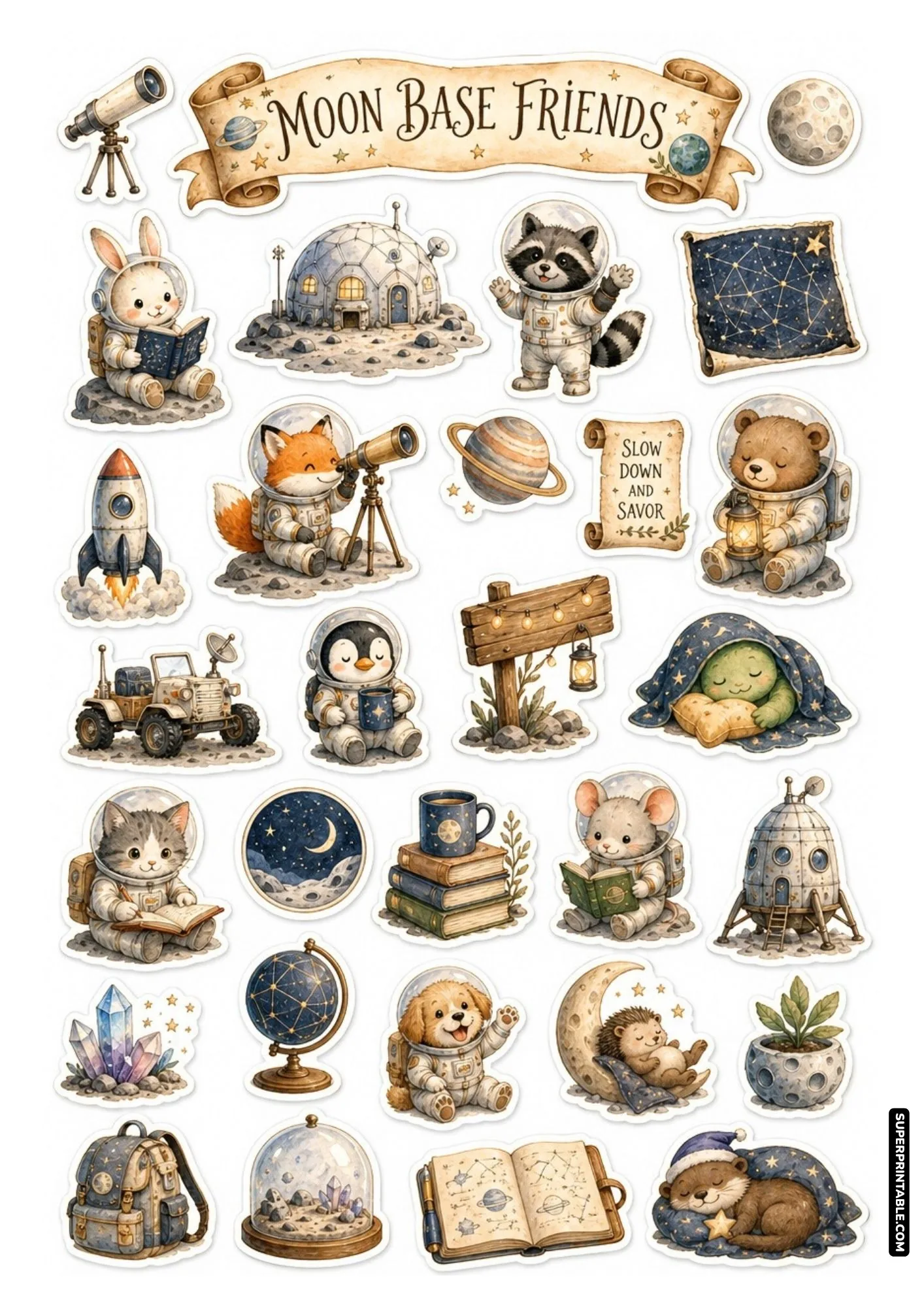 Sheet of stickers featuring lunar dome habitats, moon rovers, and adorable animal astronauts.
