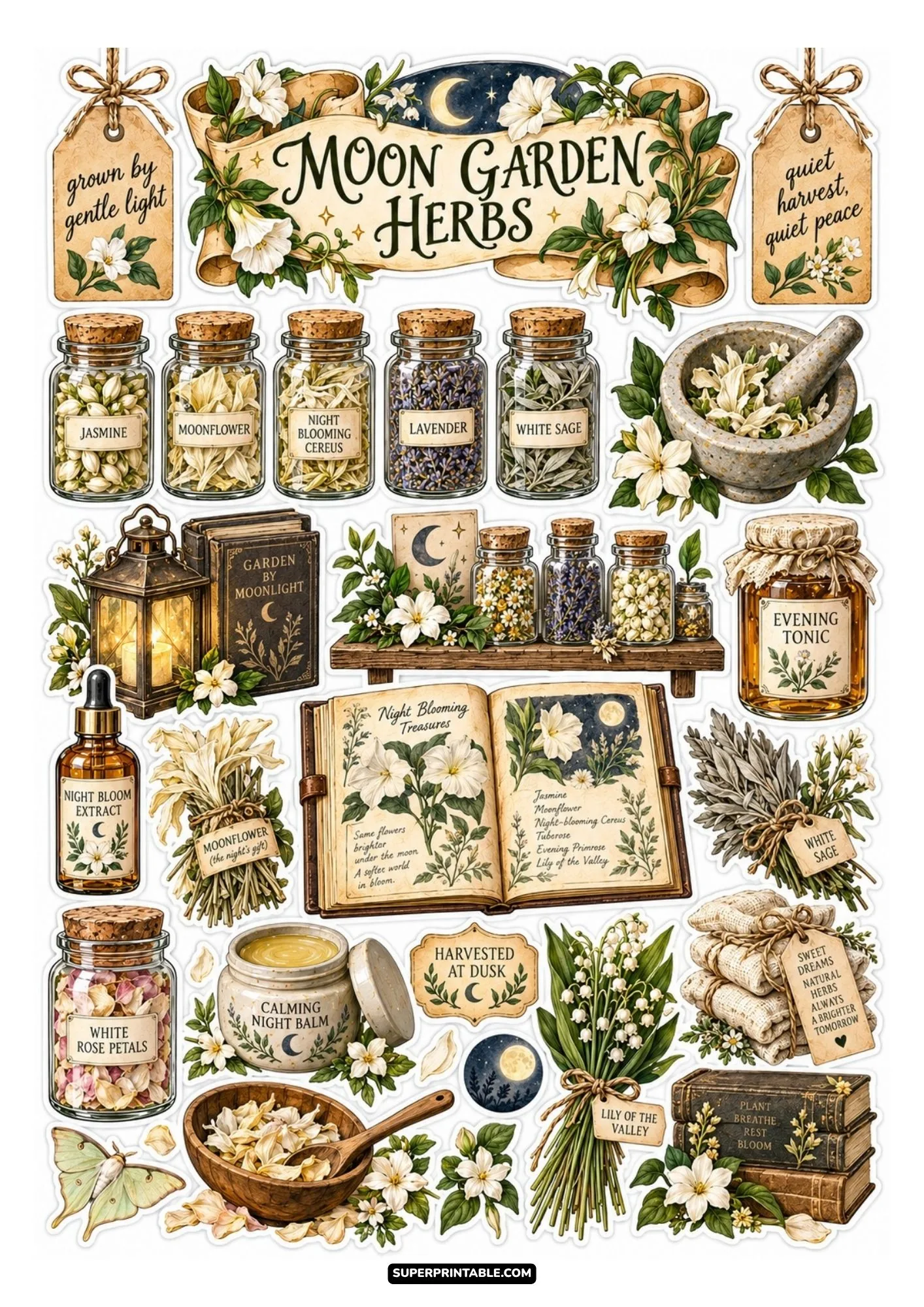 Moon garden herbs sticker sheet featuring night-blooming flowers, crescent moons, and jars.