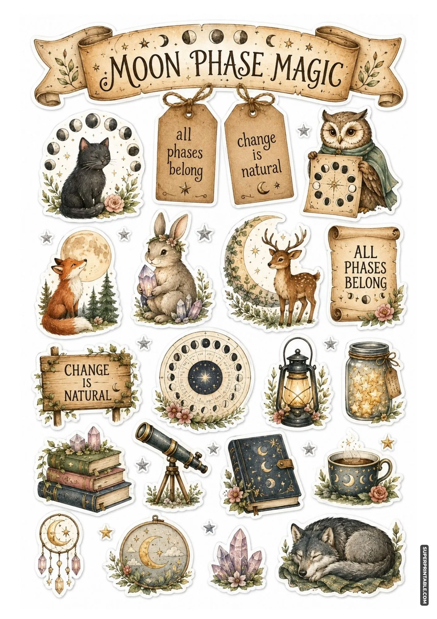 Moon phase magic sticker sheet with lunar cycle wheels, black cats, crystals, and sleeping wolves.