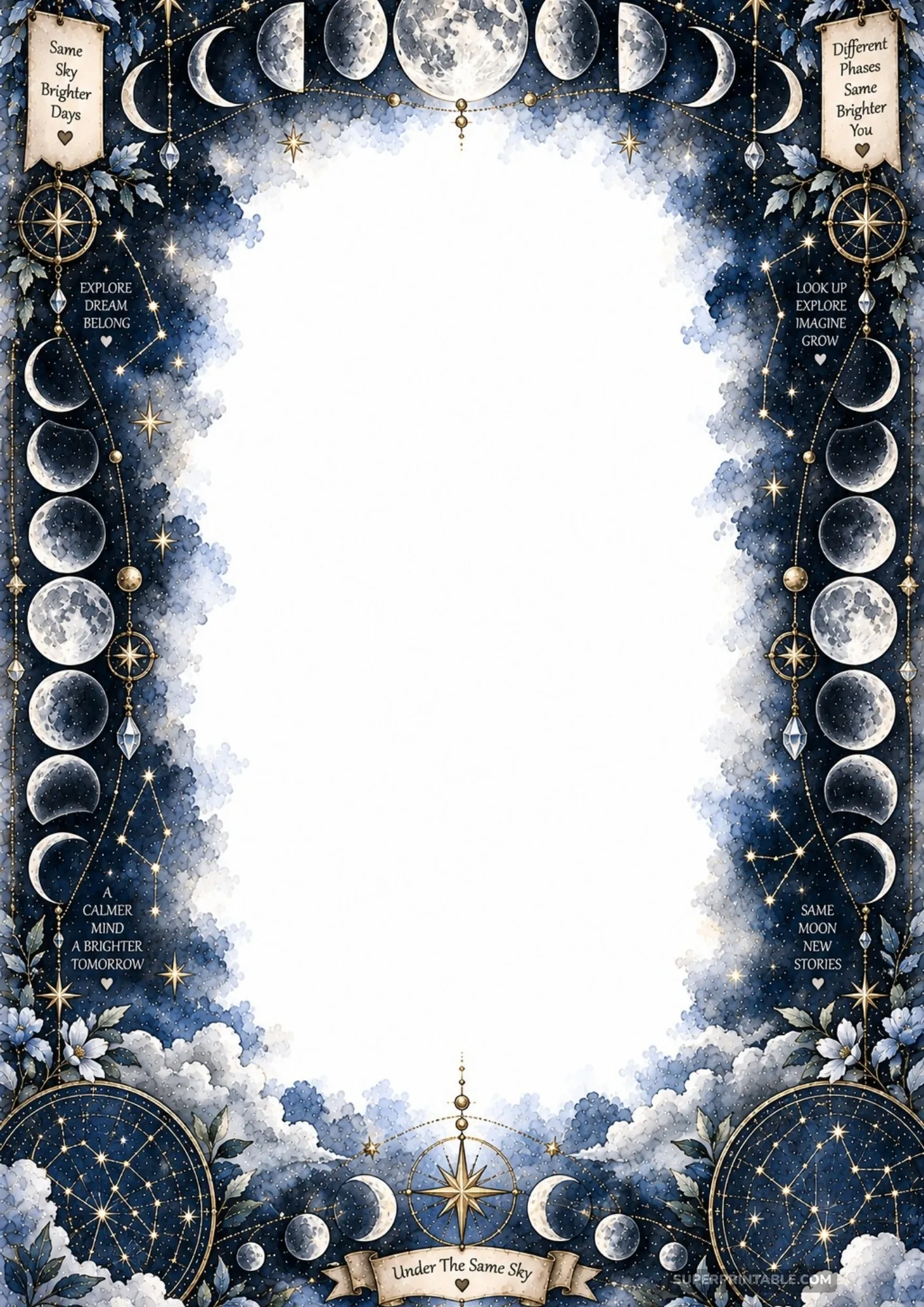Luminous moon phase progression and golden constellation stars bordering soft watercolor clouds.