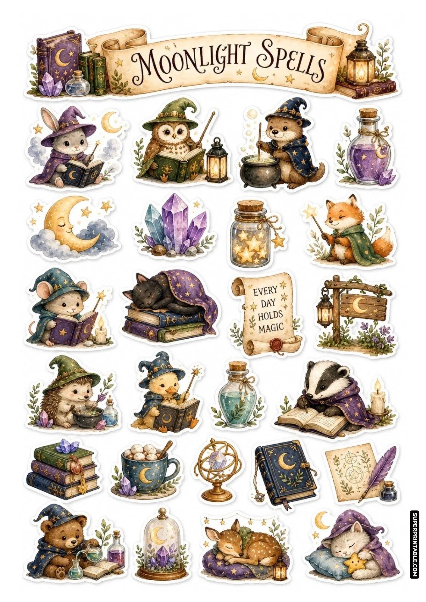 Moonlight wizard animal sticker sheet featuring celestial sorcerers, sleeping magic pets, starry jars, and glowing lanterns.
