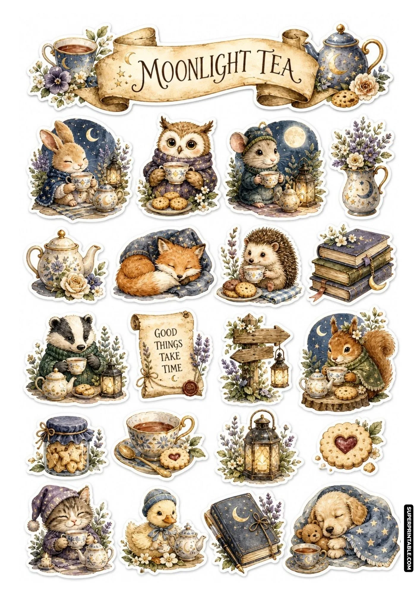 Enchanting nighttime printable sticker sheet with woodland animals drinking tea under a crescent moon.