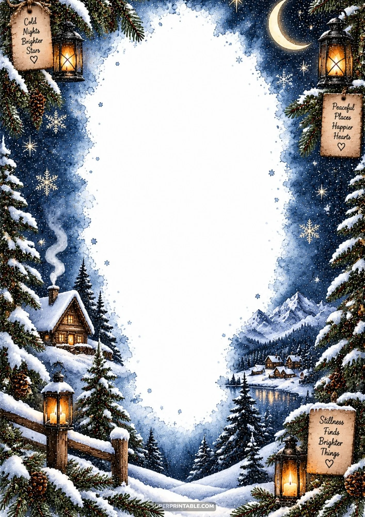 Moonlit starry winter night border with snow-covered cabins, evergreen trees, and glowing lanterns.