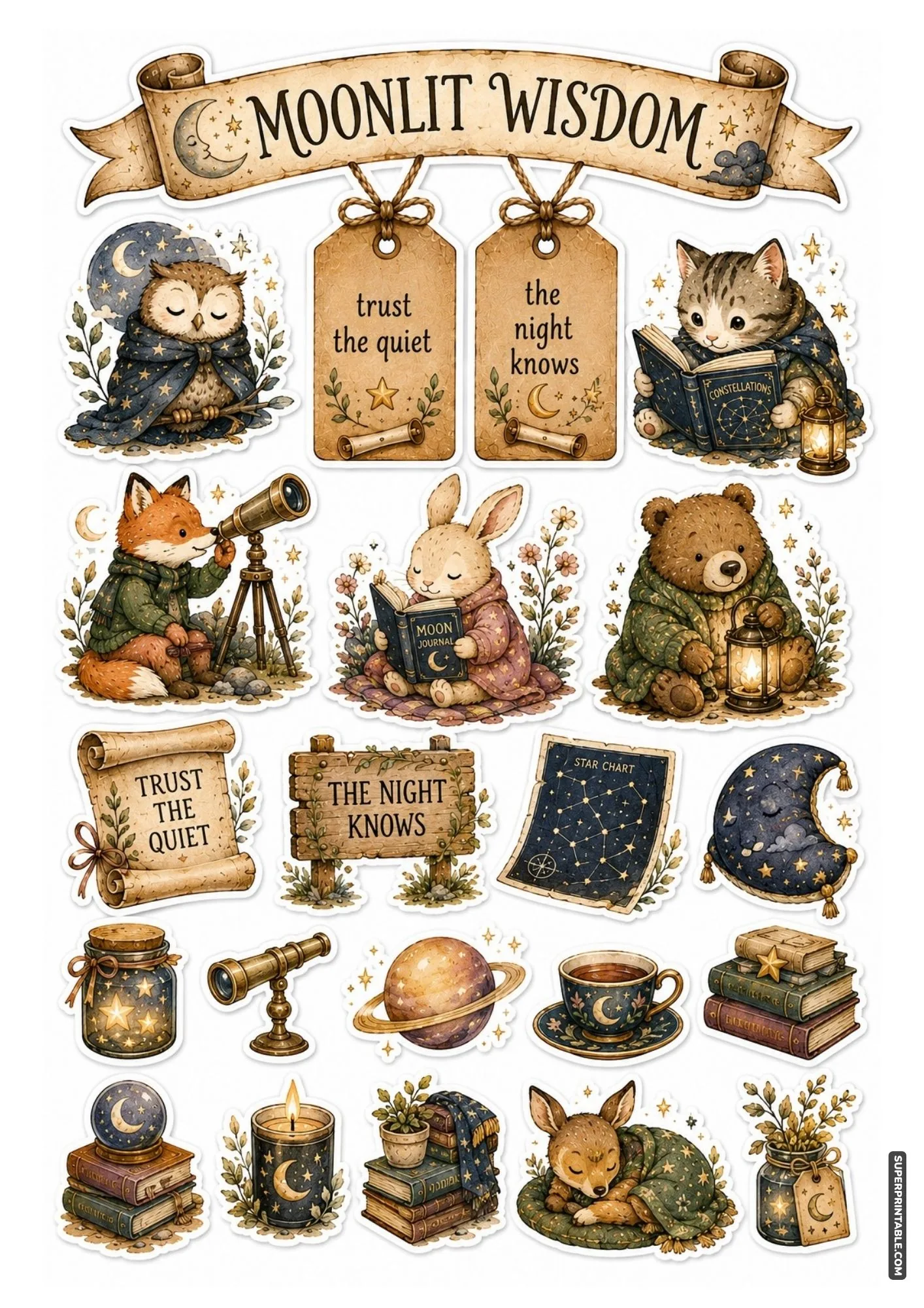 Moonlit wisdom sticker sheet featuring serene stargazing animals, telescopes, stacked books, and star charts.