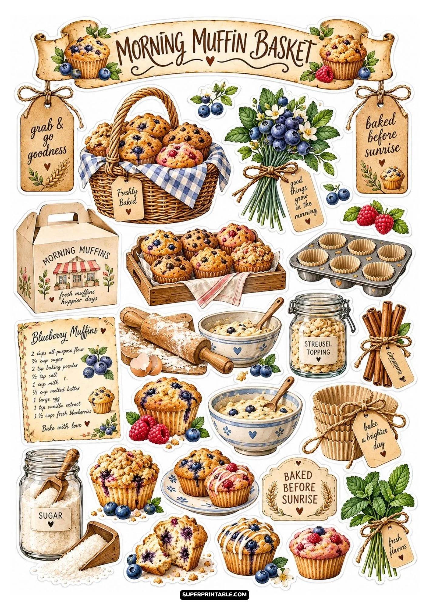 Morning muffin sticker sheet showcasing fresh blueberry muffins, baking tins, and streusel topping jars.