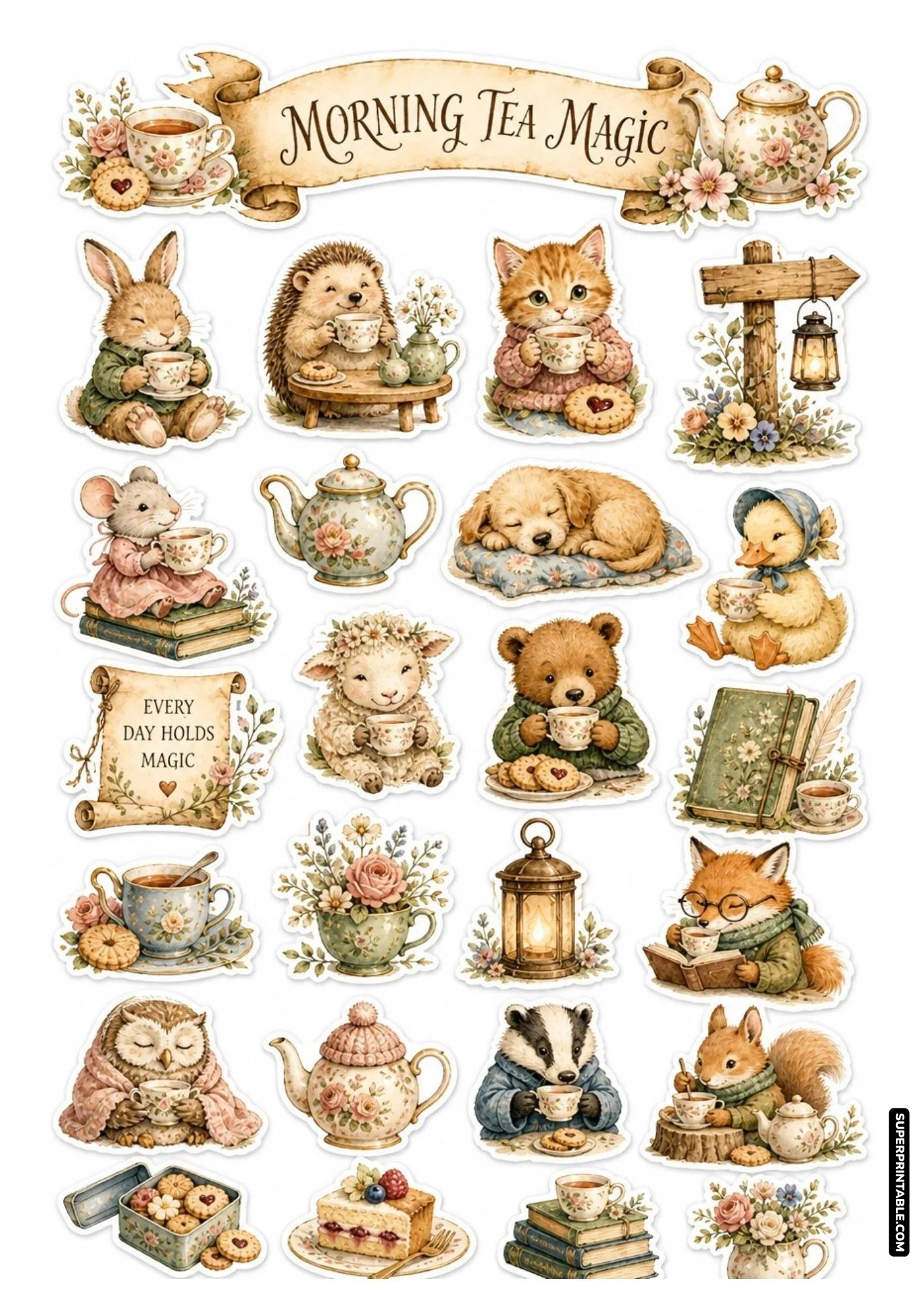 Charming morning printable sticker sheet with cozy critters, fresh tea, books, and sweet pastries.