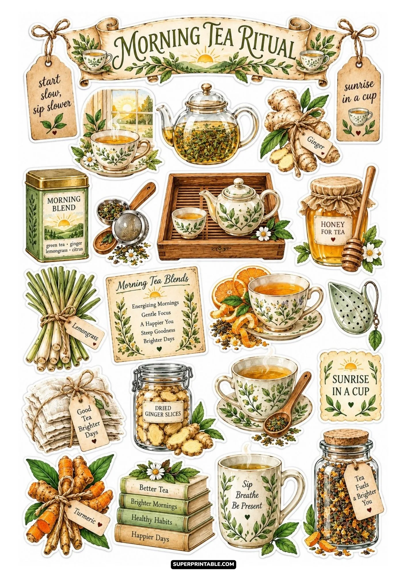 Morning tea ritual sticker sheet featuring ginger, turmeric roots, lemongrass, and sunrise teacup art.