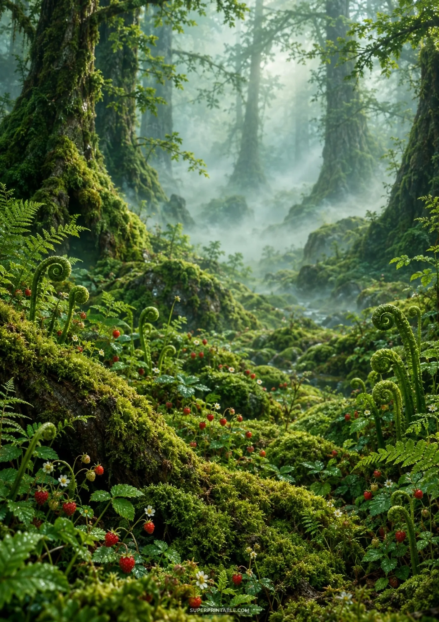 Ethereal whimsical woodland backgrounds featuring mossy tree trunks and red wild strawberries