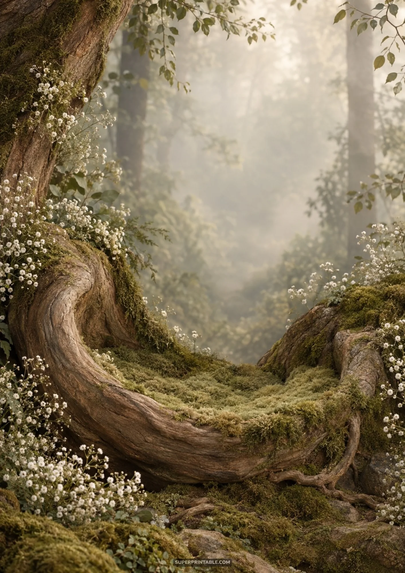 Hollow twisted tree trunk seat lined with green moss and surrounded by white woodland flowers