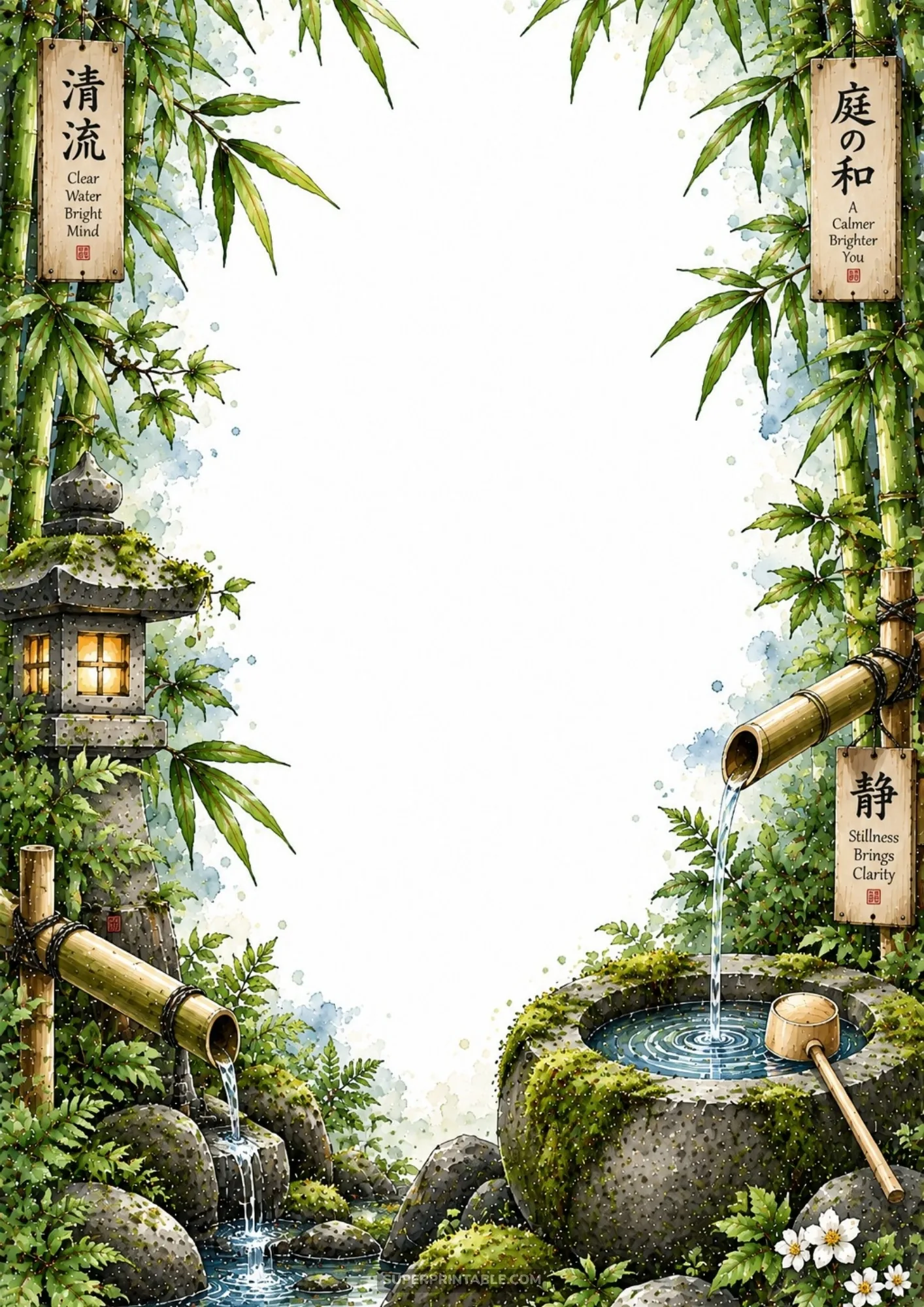 Mossy stone water basin with flowing bamboo spout and wooden water ladle framing an artistic stationery sheet.