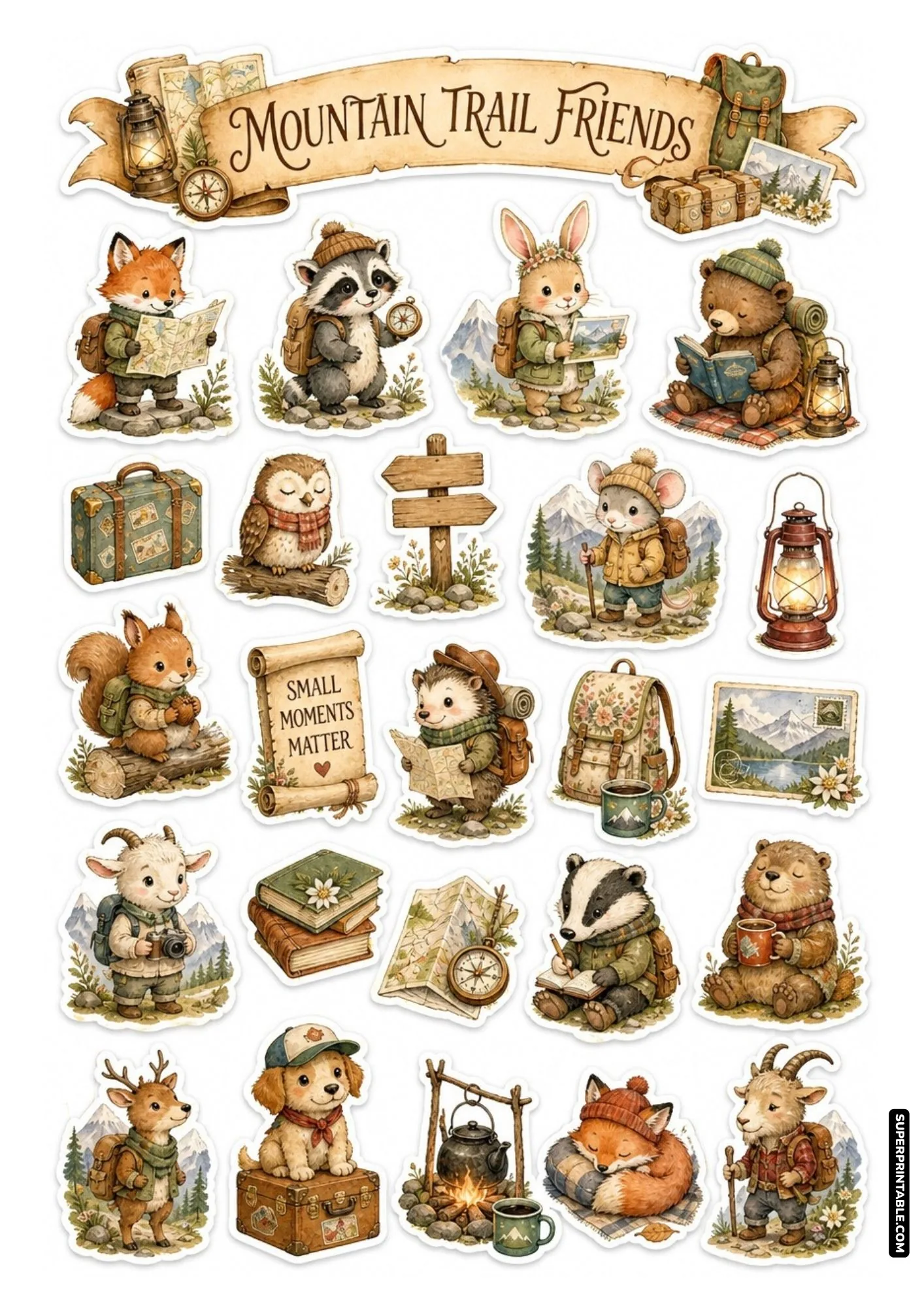 Mountain trail friends sticker sheet with alpine hiking animals and cozy campfire setup