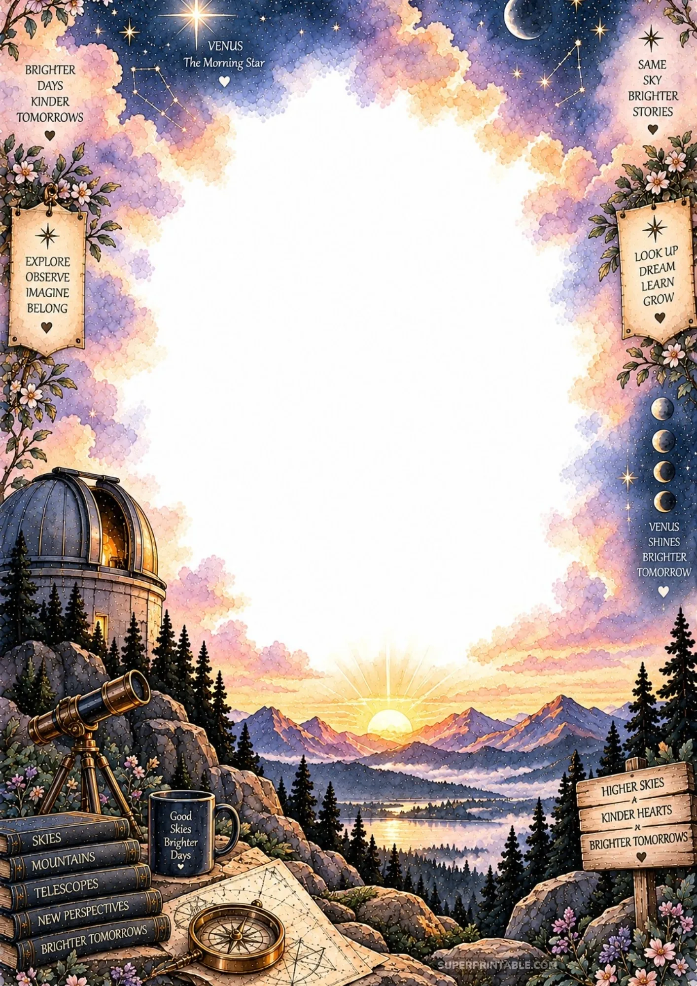 Mountaintop astronomical observatory dome at sunrise overlooking misty lakes and blooming flowers.