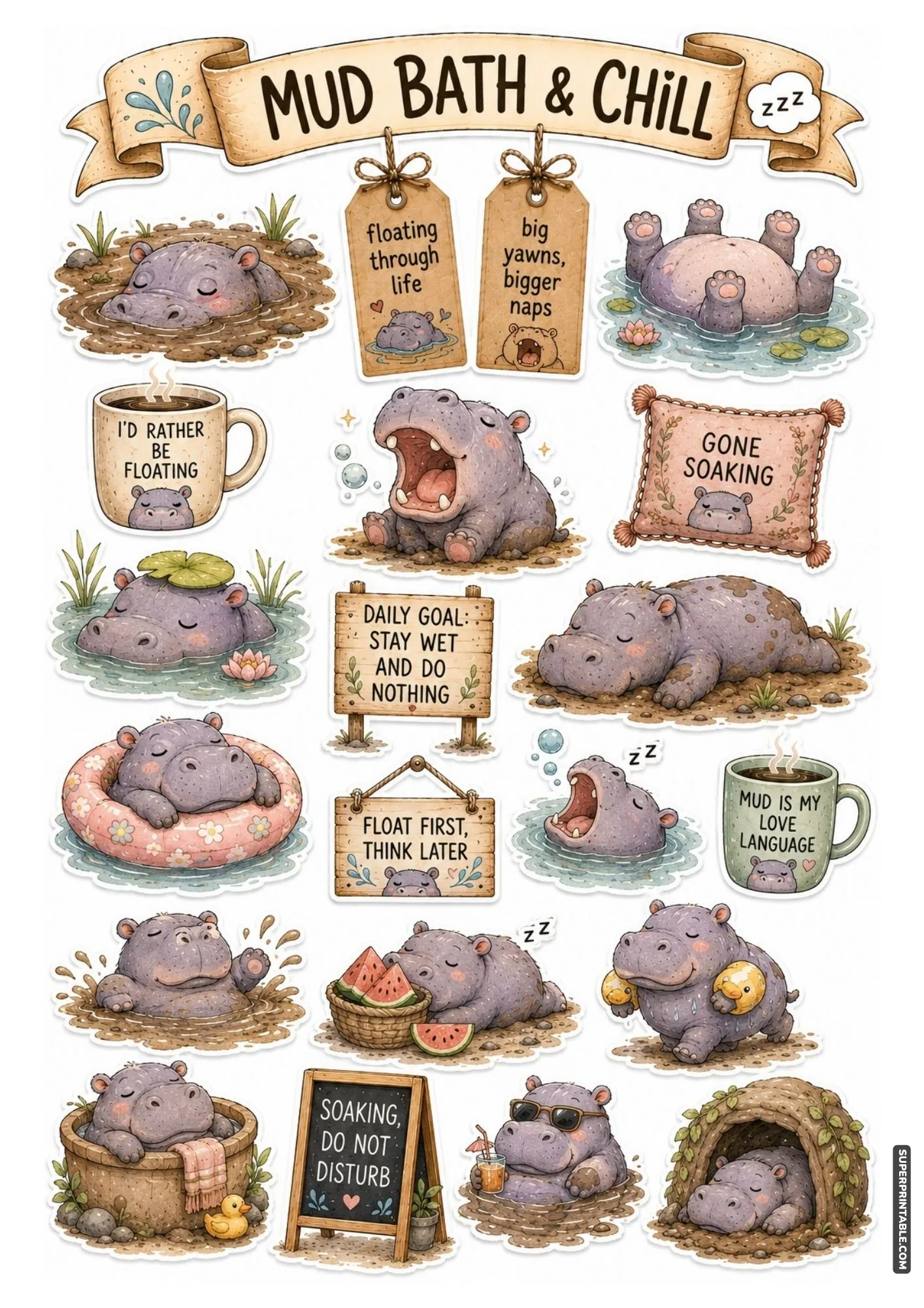 Adorable hippo sticker printable featuring sleepy hippos soaking in mud baths and floating in water.