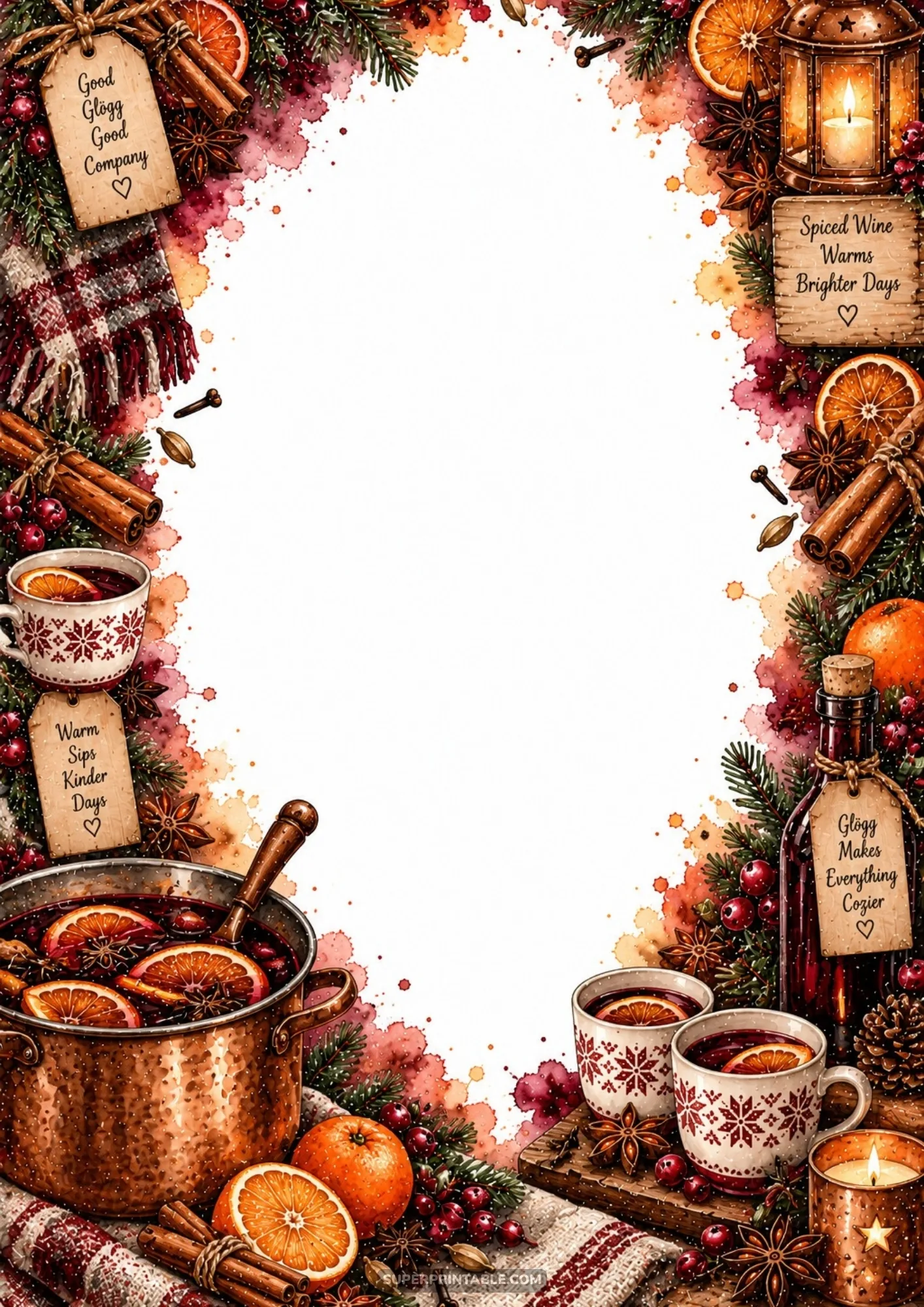 Steaming copper pot of spiced mulled wine with orange slices, cinnamon sticks, star anise, and cozy mugs.