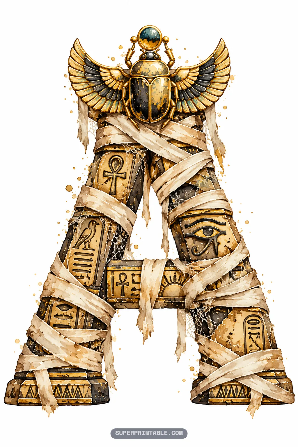 Letter A of the mummy haunted tomb alphabet with linen wraps, carved hieroglyphs, and a golden winged scarab