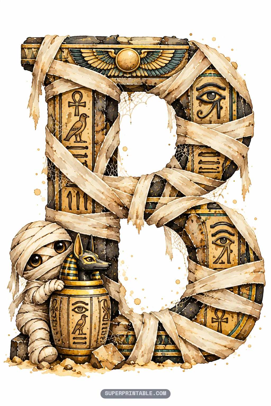 Letter B of the mummy haunted tomb alphabet featuring a cute chibi mummy hugging an Anubis canopic jar