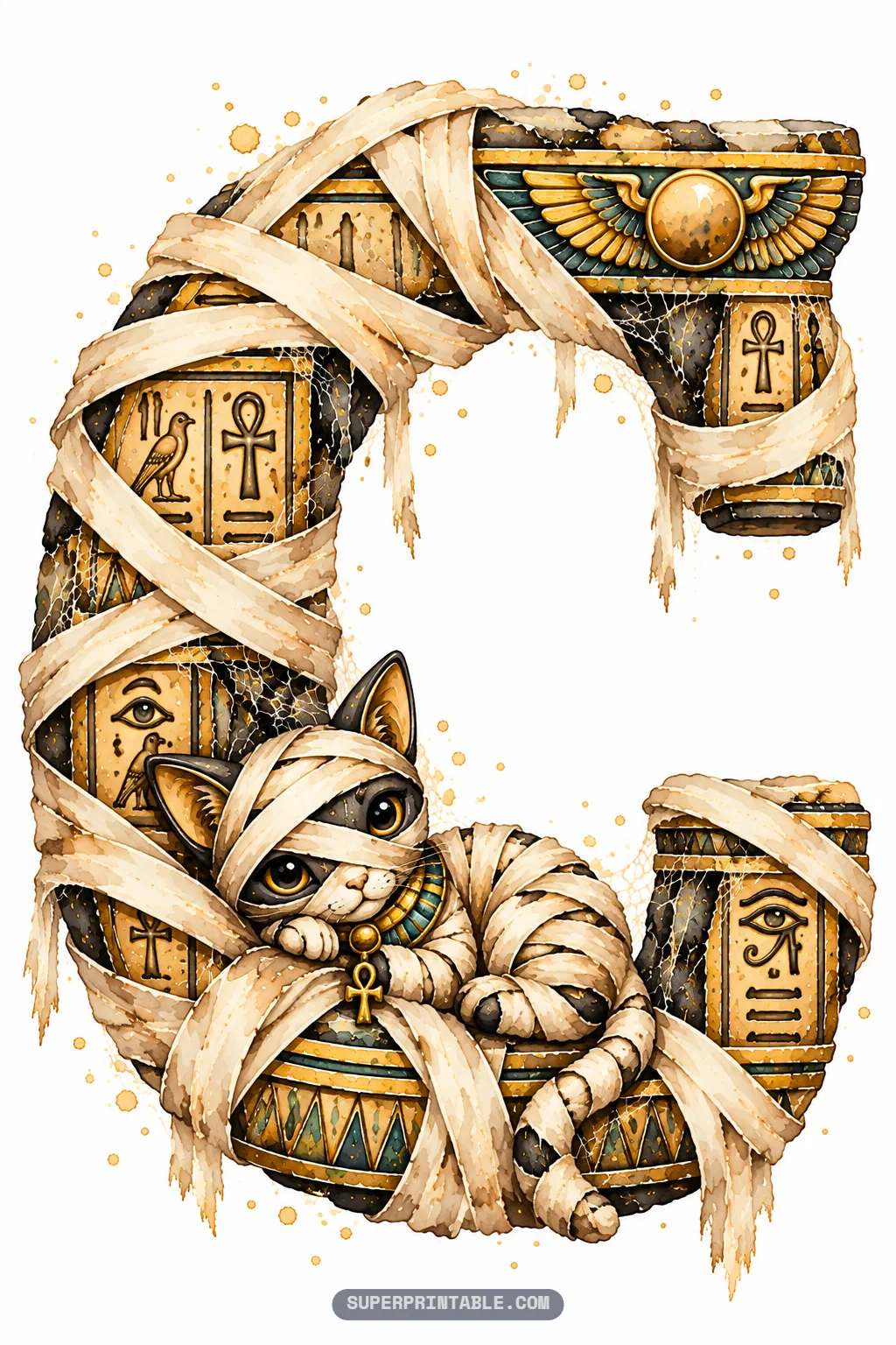Ancient stone letter C wrapped in mummy bandages with a sleeping linen-wrapped Egyptian cat inside