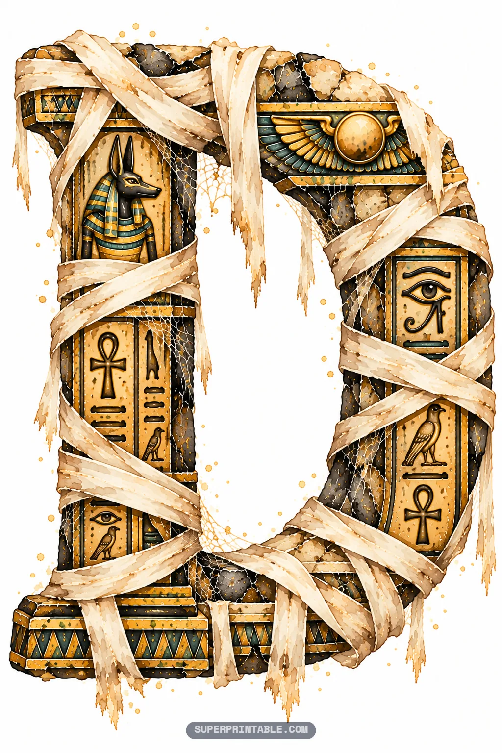 Carved sandstone letter D with Anubis jackal hieroglyphs, Eye of Horus tablets, and frayed linen wraps
