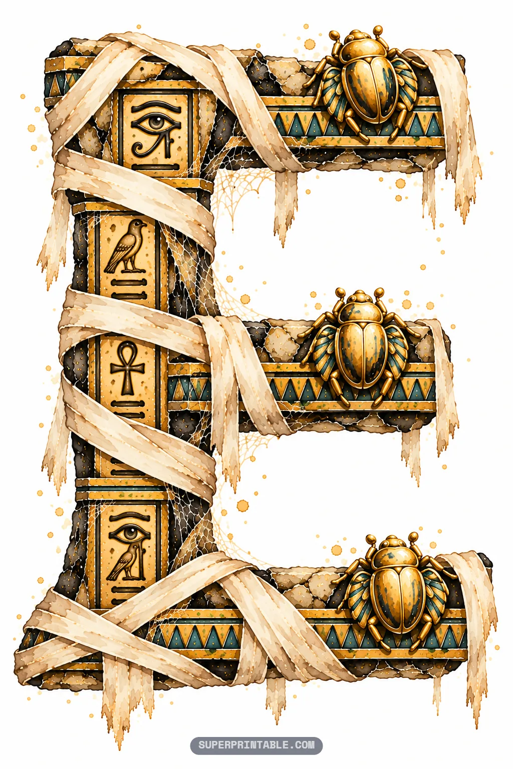 Sandstone letter E with three golden scarab amulets resting on geometric Egyptian carved shelves