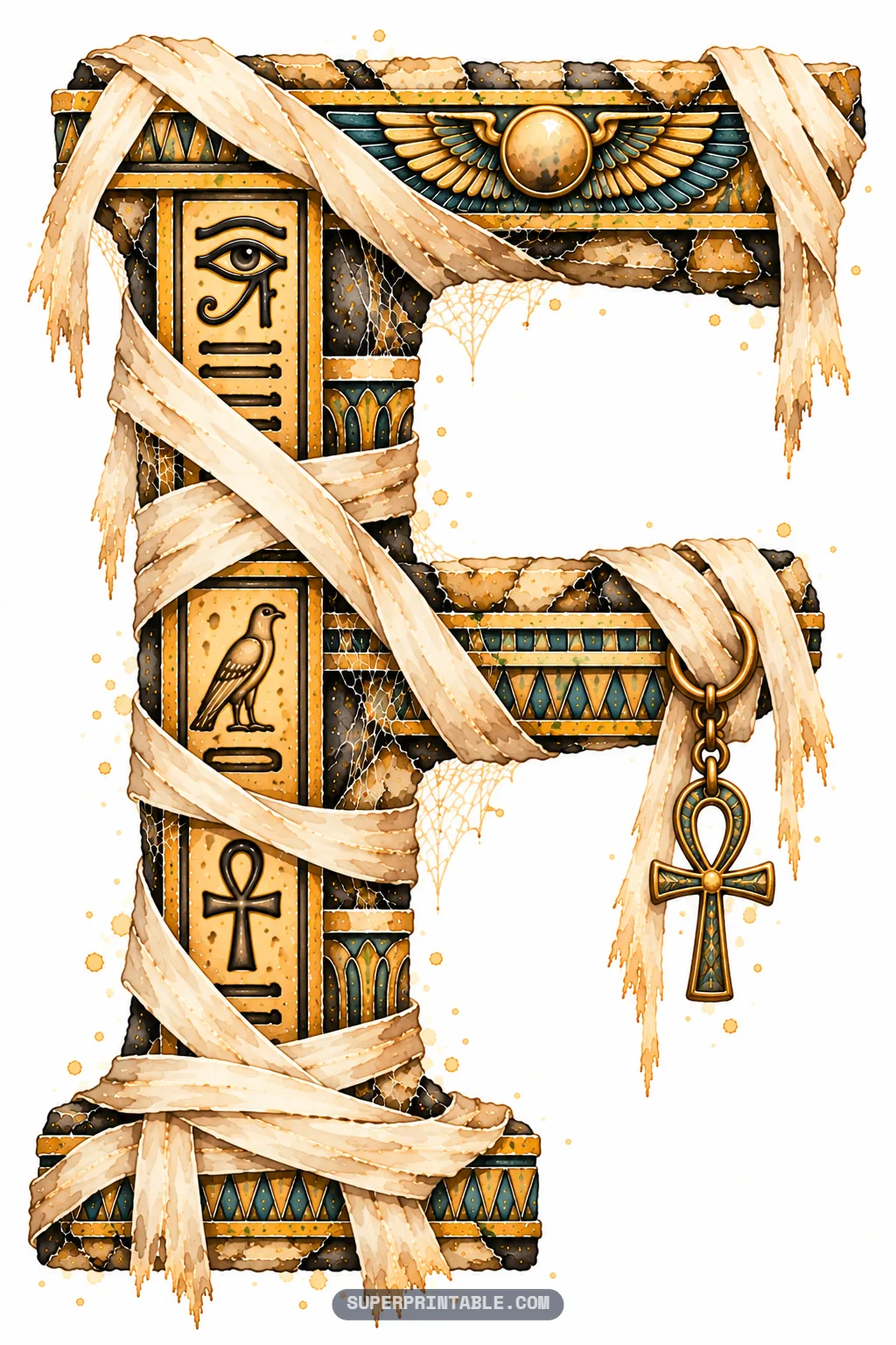 Hieroglyphic tomb letter F wrapped in linen ribbons with a dangling golden ankh amulet charm