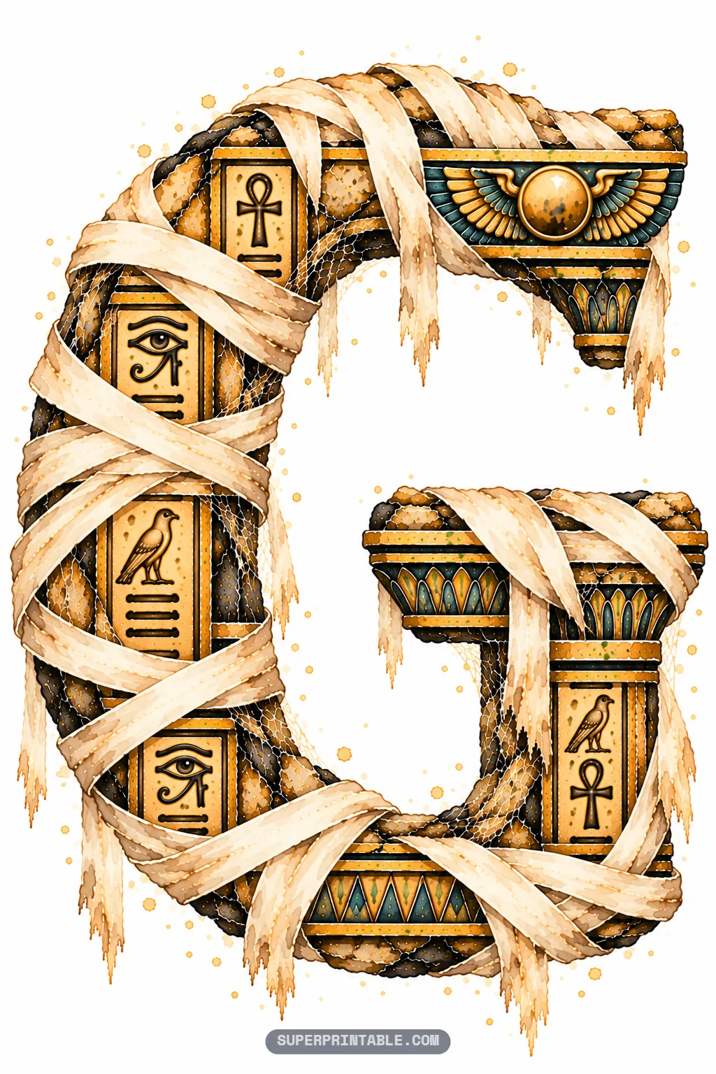 Ancient Egyptian letter G with papyrus lotus column details, carved hieroglyphic tiles, and bandages