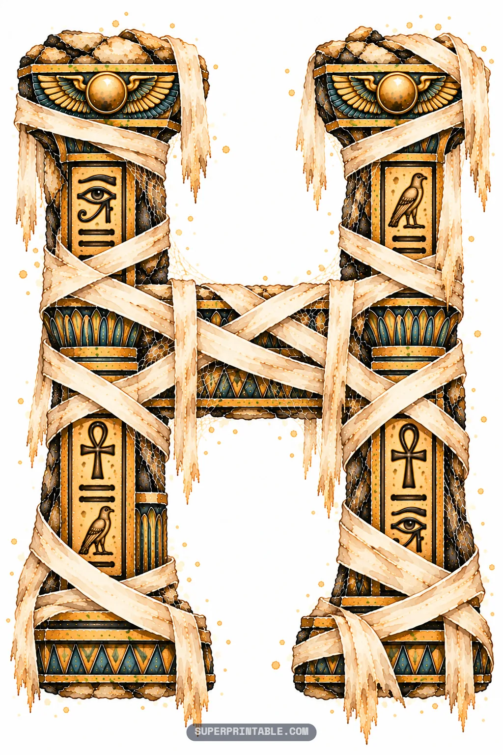 Monumental twin pillar letter H wrapped in aged mummy bandages with winged sun cornices and cobwebs
