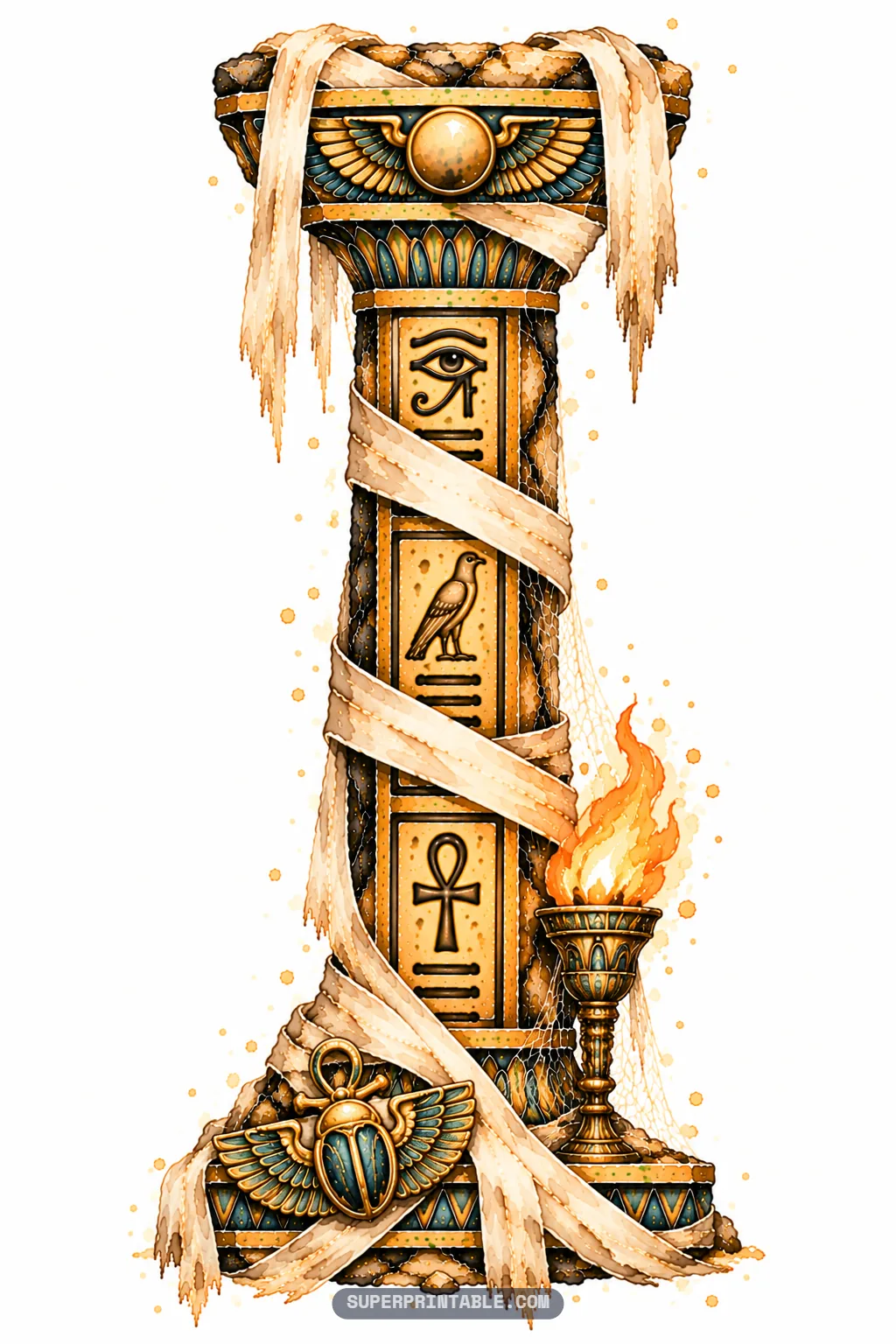 Sandstone pillar letter I swathed in mummy gauze with a winged scarab base and a blazing bronze torch