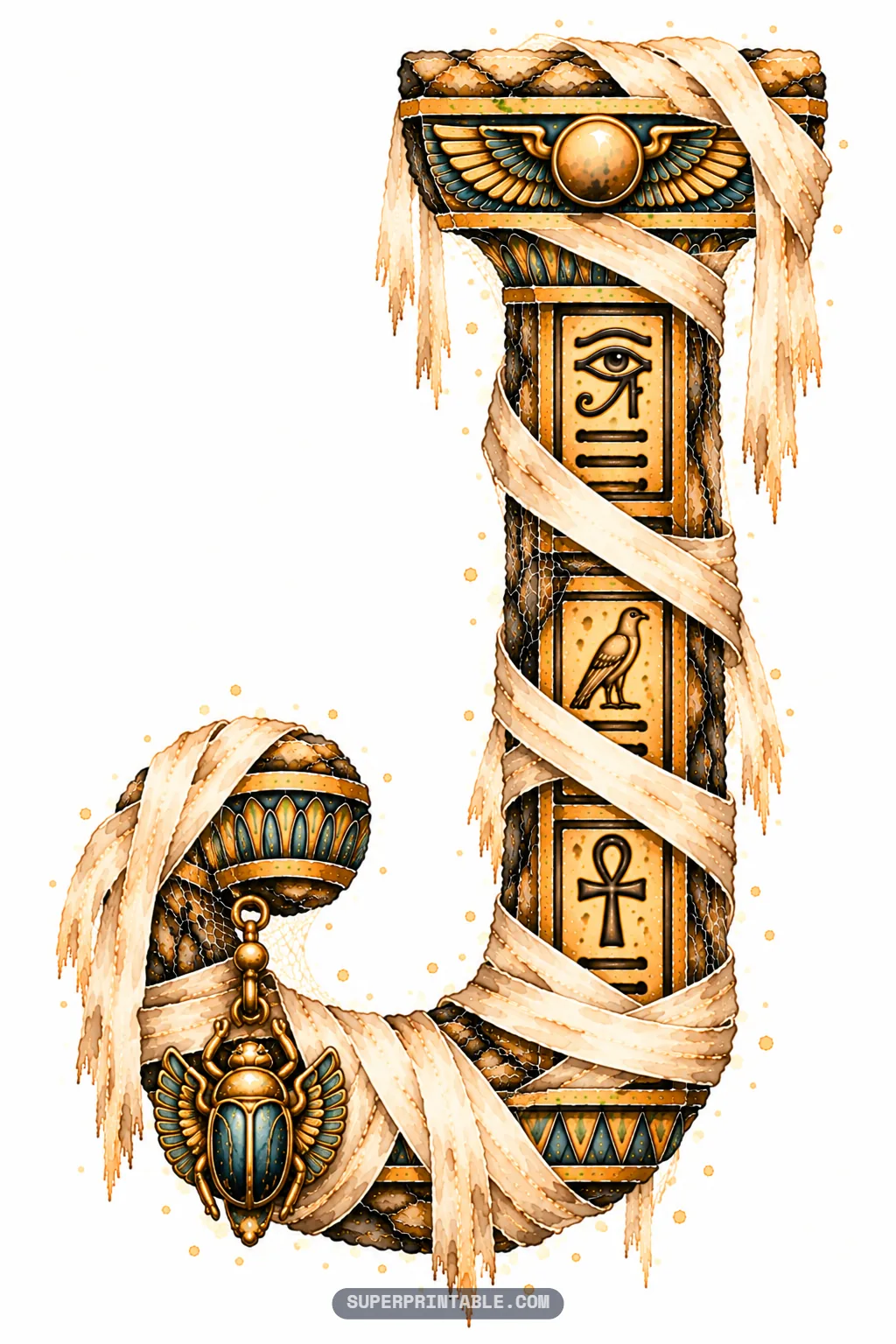 Curved Egyptian letter J adorned with hieroglyphs, mummy wrappings, and a suspended winged scarab jewel