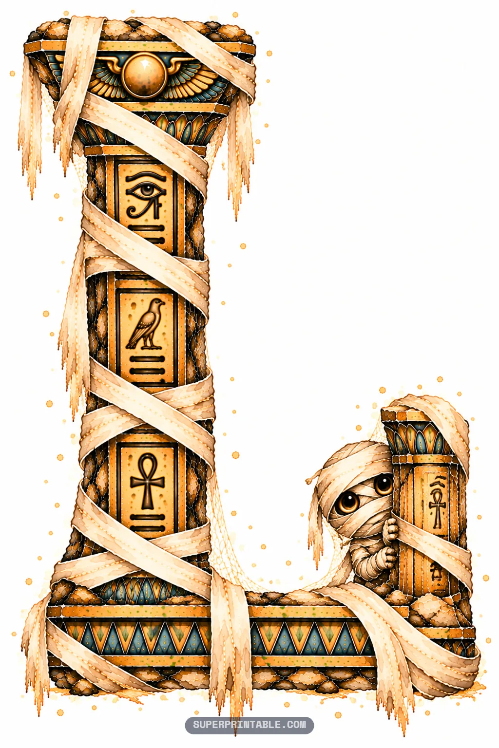 Stone letter L wrapped in mummy linens with a cute wide-eyed chibi mummy peeking from behind a column