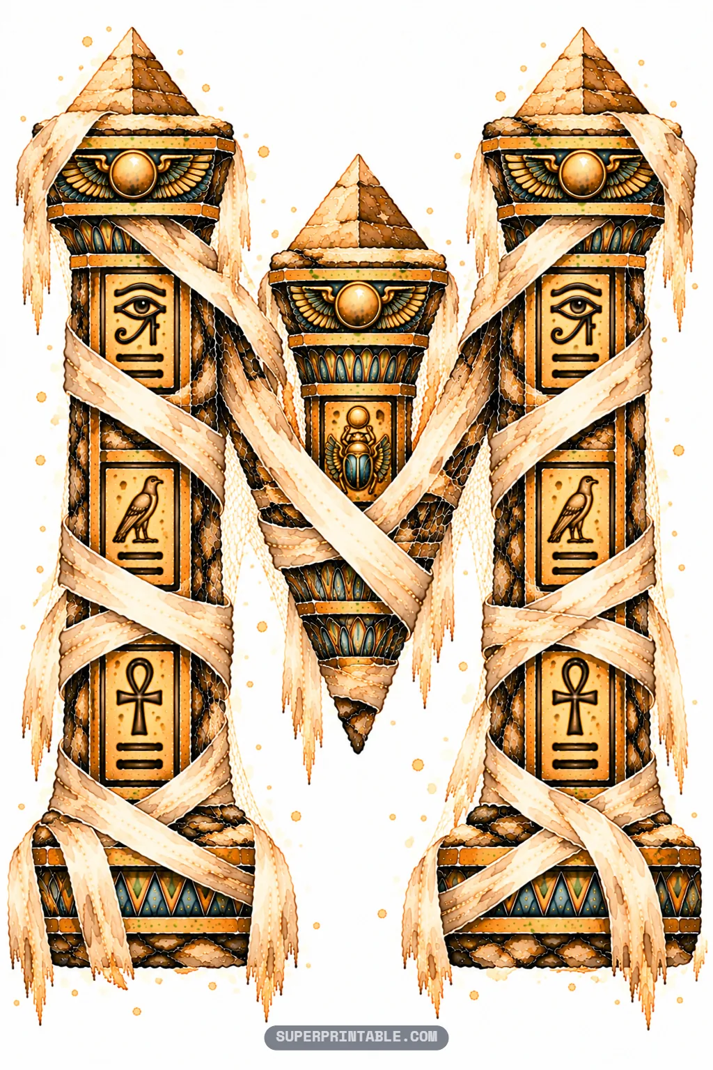 Monumental letter M shaped with three pyramidion peaks, golden winged suns, and wrapping bandages