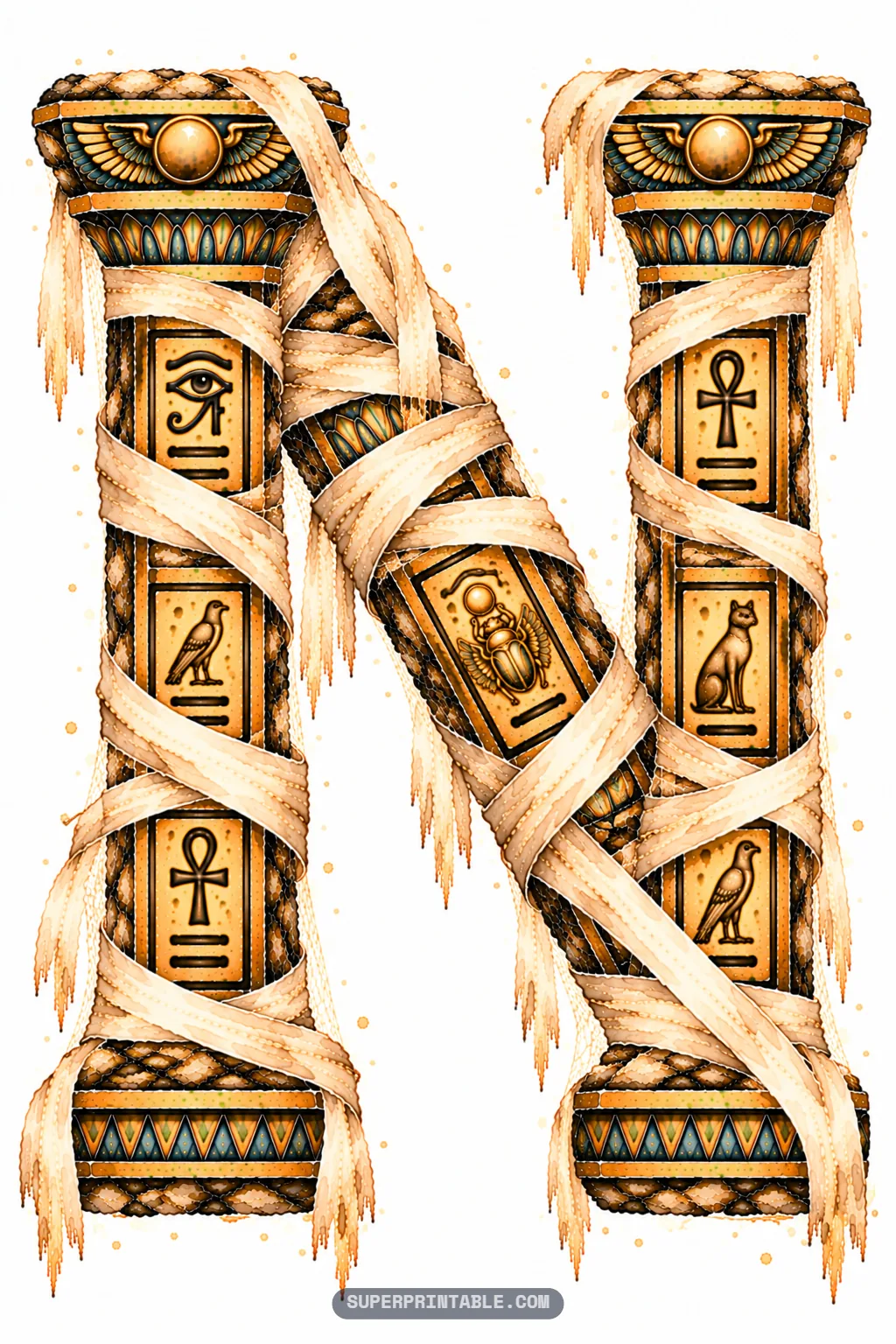 Sandstone letter N bound in mummy wraps featuring a carved Bastet cat relief and scarab beetle tablet